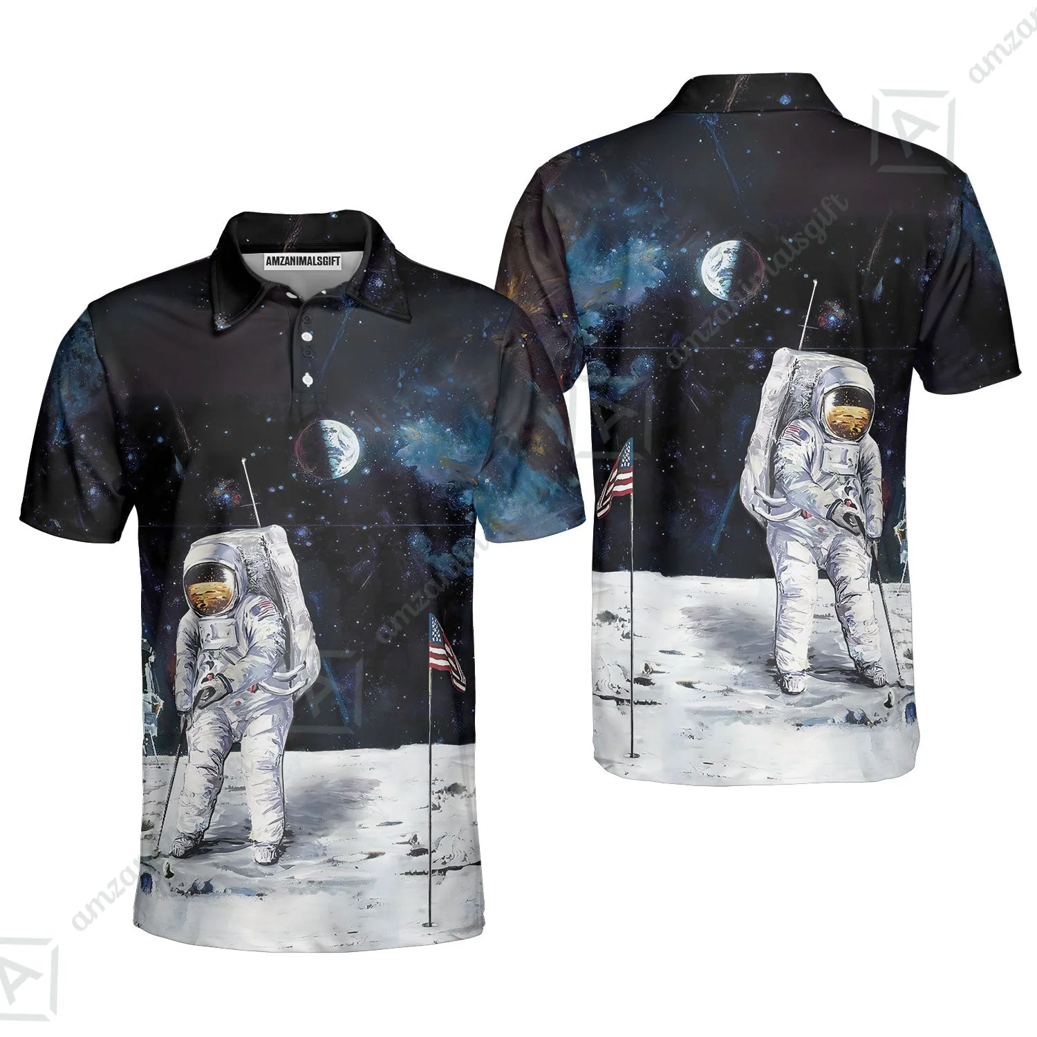 Golf Women Polo Shirt - Astronaut Moon Golf Men Polo Shirt, American Flag Women Polo Shirt - Image 5