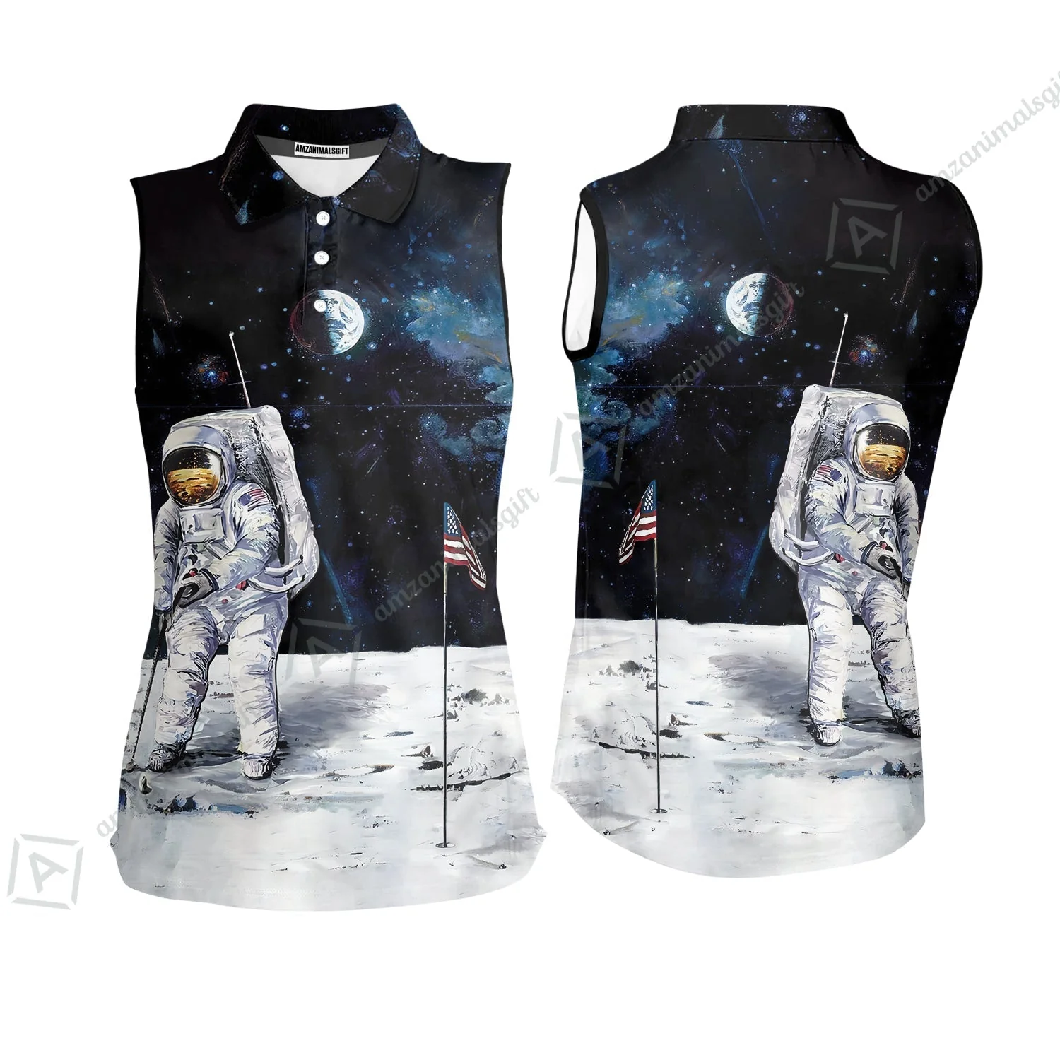 Golf Women Polo Shirt - Astronaut Moon Golf Men Polo Shirt, American Flag Women Polo Shirt - Image 6