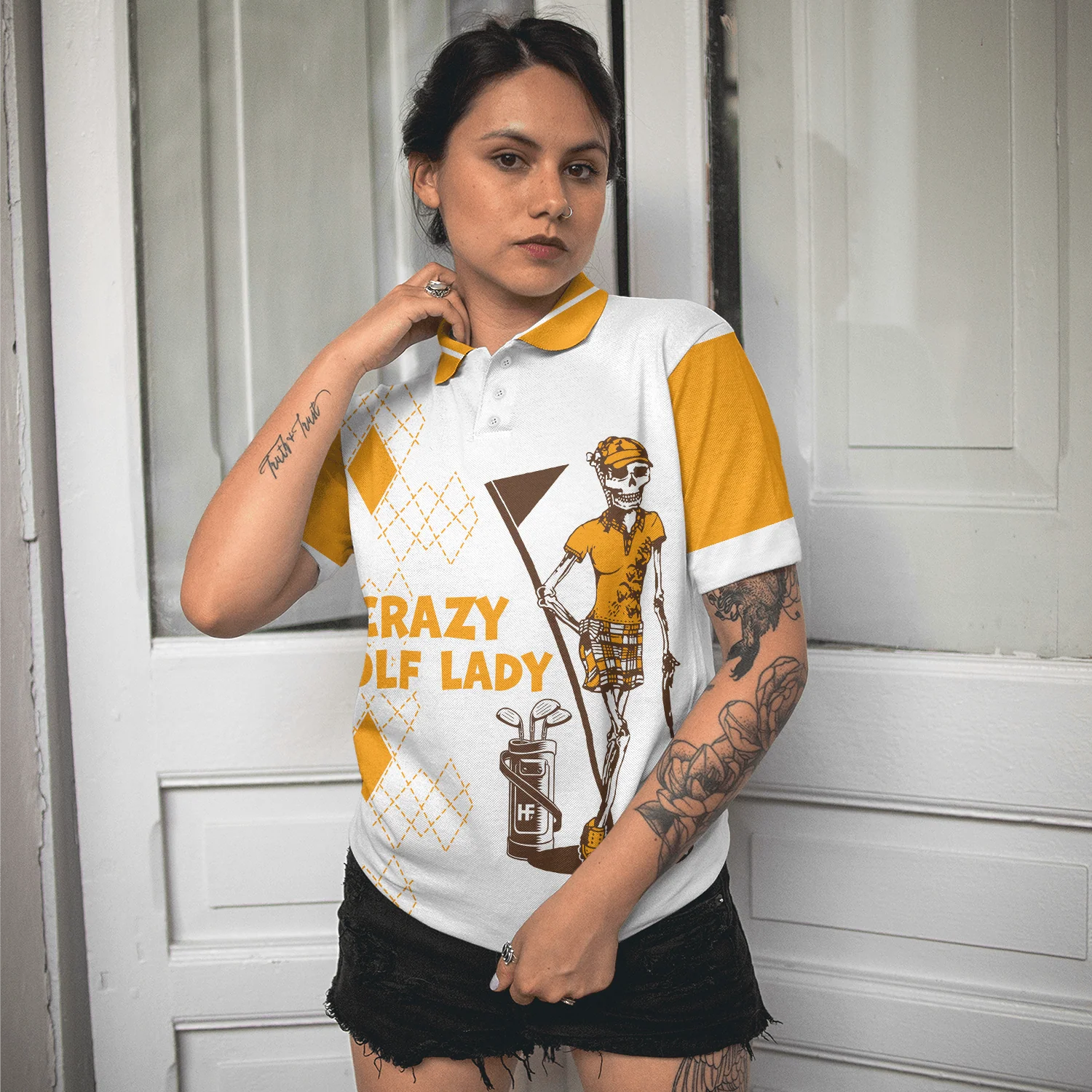 Golf Women Polo Shirt, Crazy Golf Lady Skull, White And Yellow Women Polo Shirts, Funny Golf Gift For Female Golfers, Golf Lovers, Ladies - Image 5