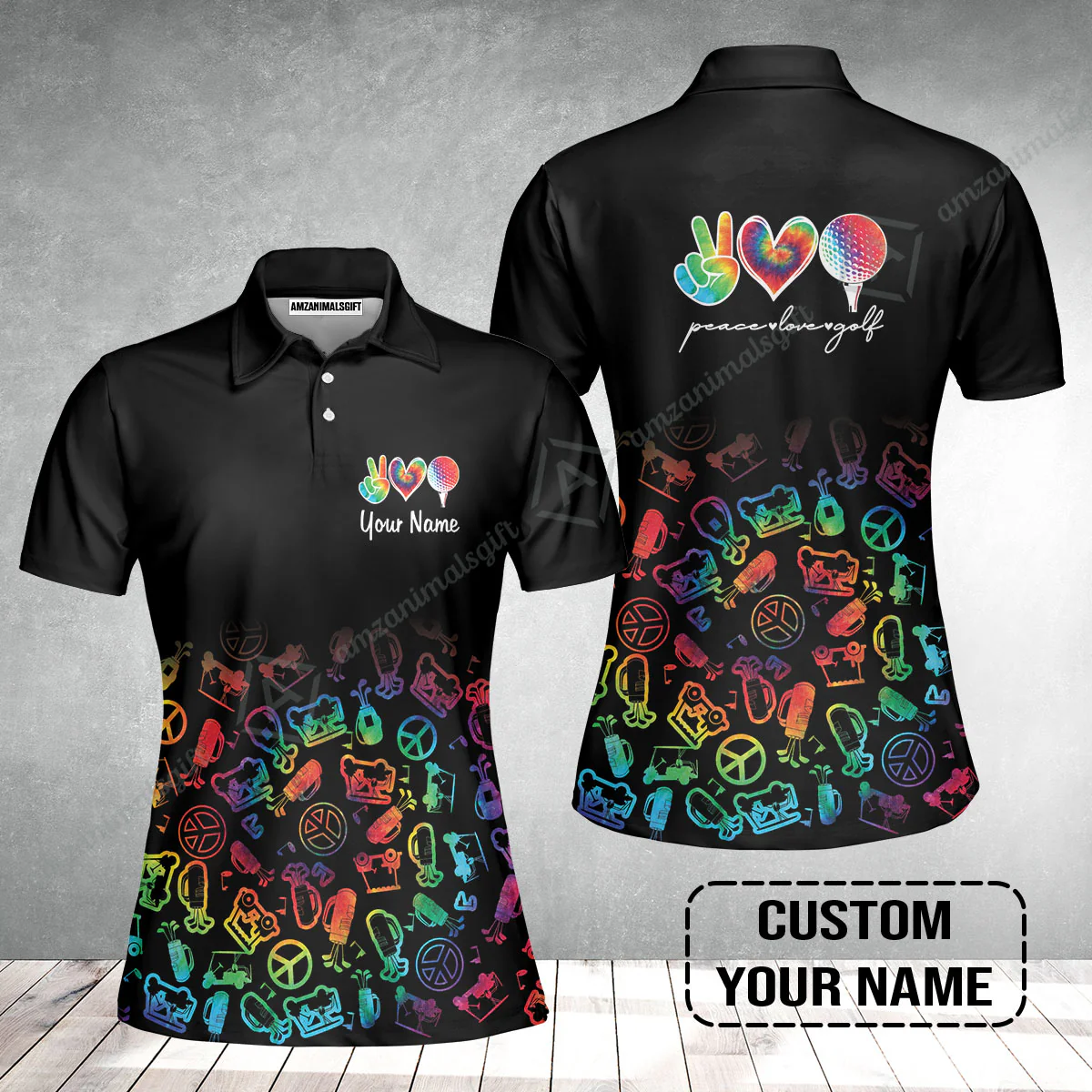 Golf Women Polo Shirt Custom Name, Watercolor Peace Love Golf Golf Icon Personalized Polo Shirt - Image 2