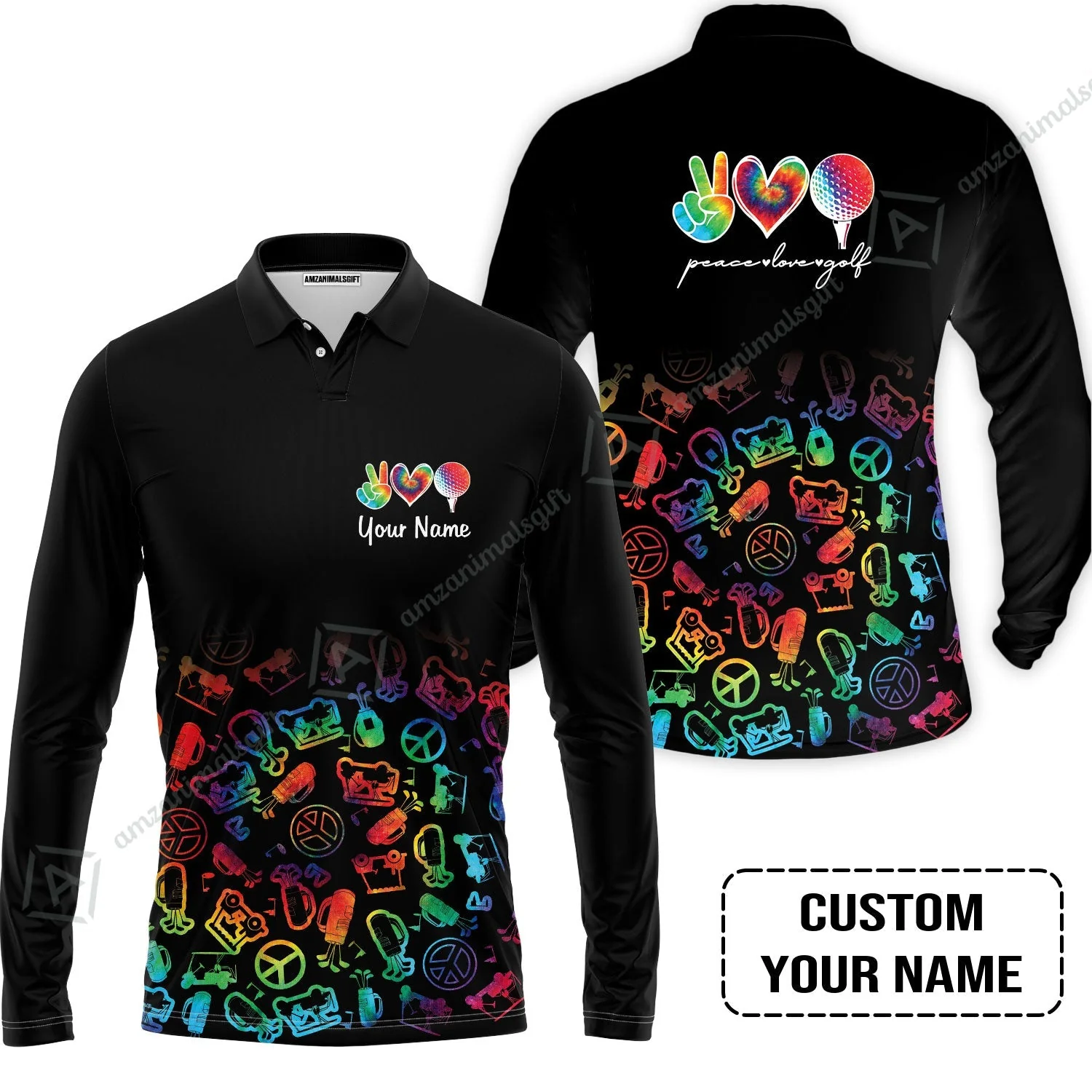 Golf Women Polo Shirt Custom Name, Watercolor Peace Love Golf Golf Icon Personalized Polo Shirt - Image 3