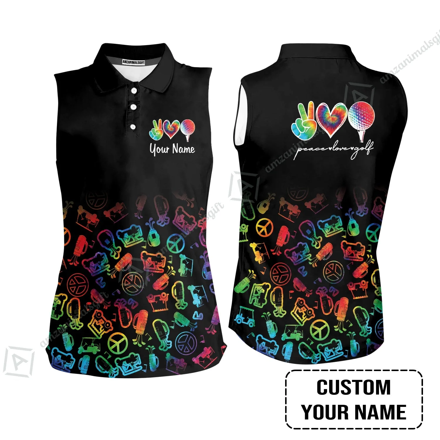 Golf Women Polo Shirt Custom Name, Watercolor Peace Love Golf Golf Icon Personalized Polo Shirt - Image 5