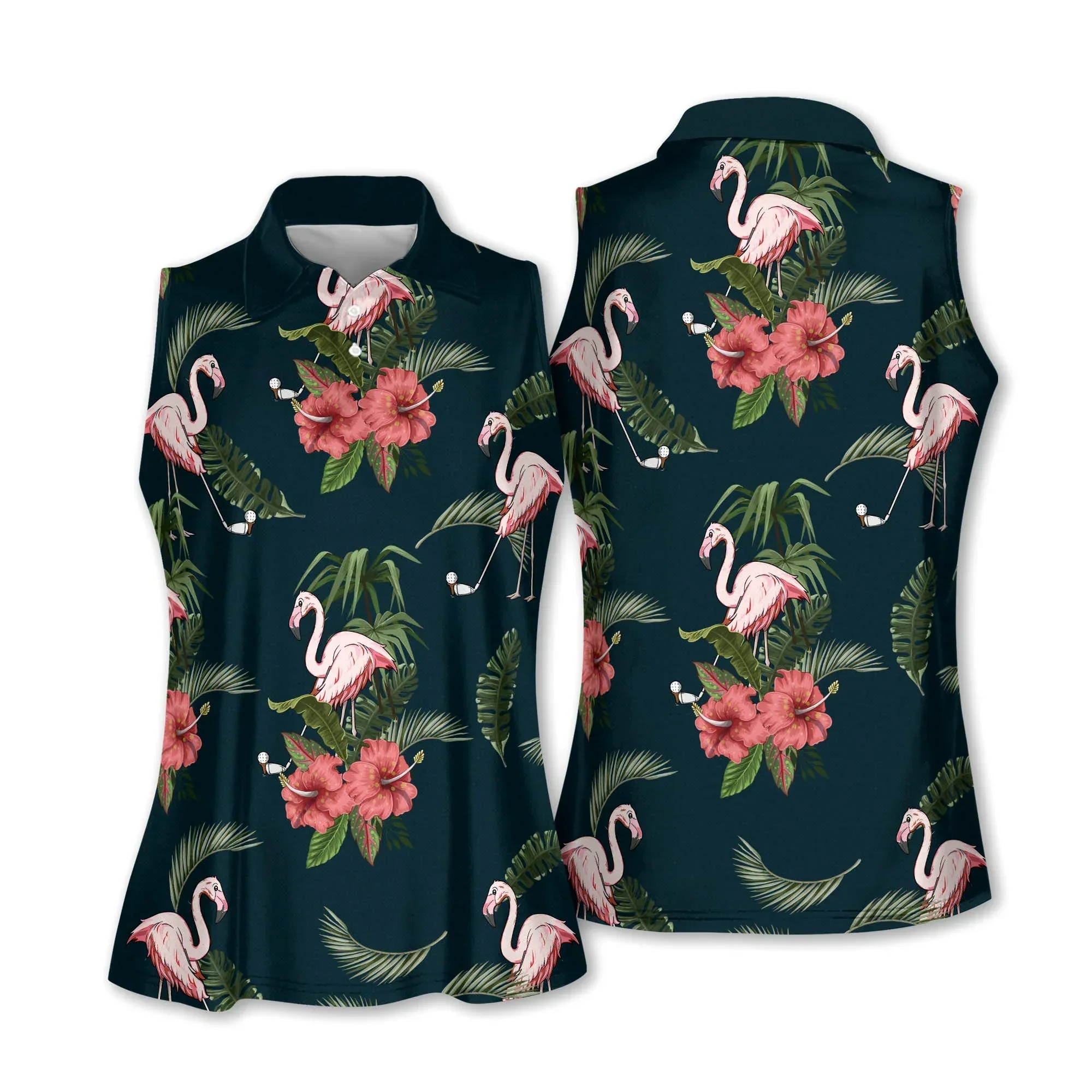 Golf Women Polo Shirt, Flamingo Tropical Leaves Flower Pattern Women Polo Shirt - Gift For Mother's Day, Golfer, Female, Golf Lover