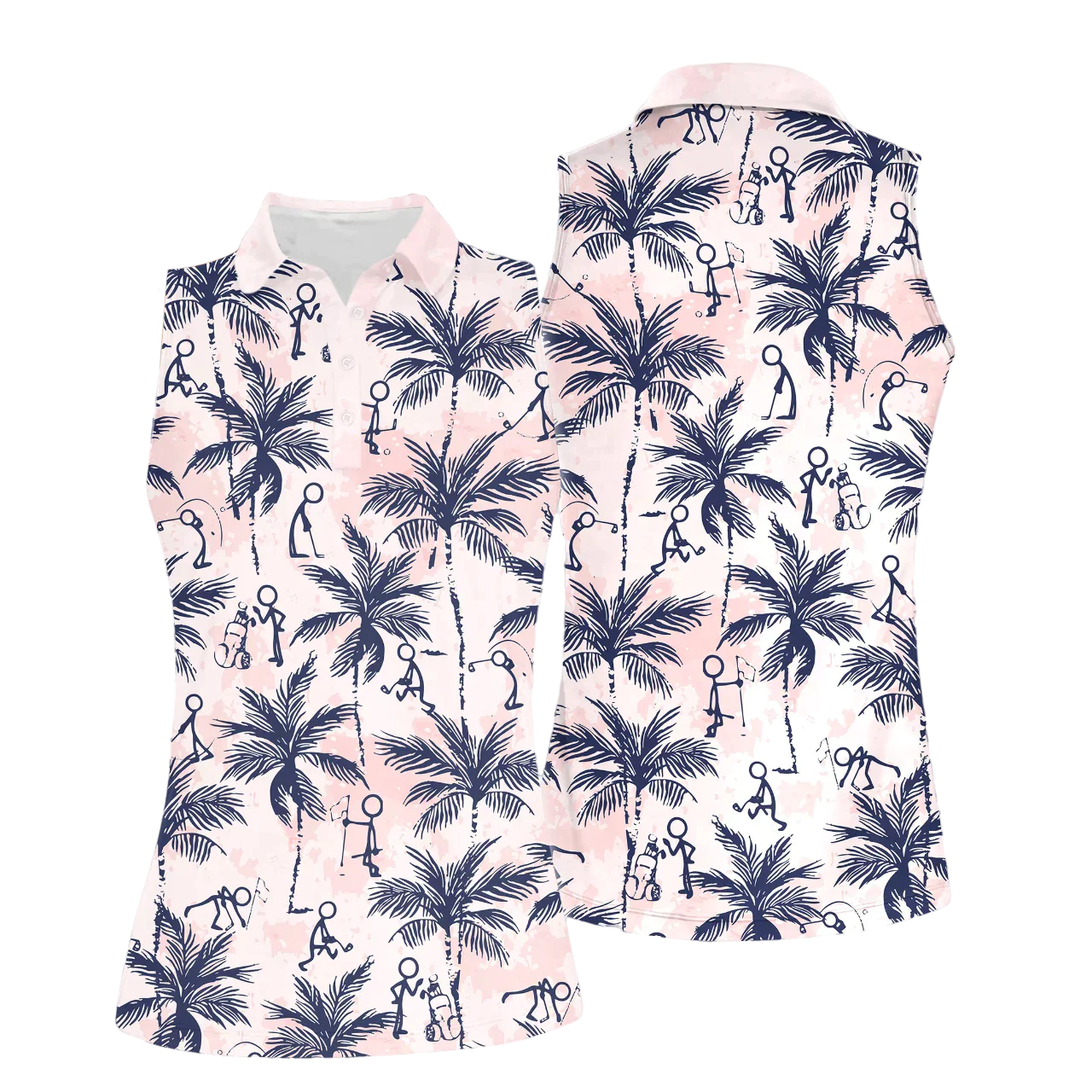 Golf Women Polo Shirt, Funny Golf Stick Figures Flower Pink Palm Tree Pattern Women Polo Shirt - Gift For Mother's Day, Golfers, Female, Golf Lover