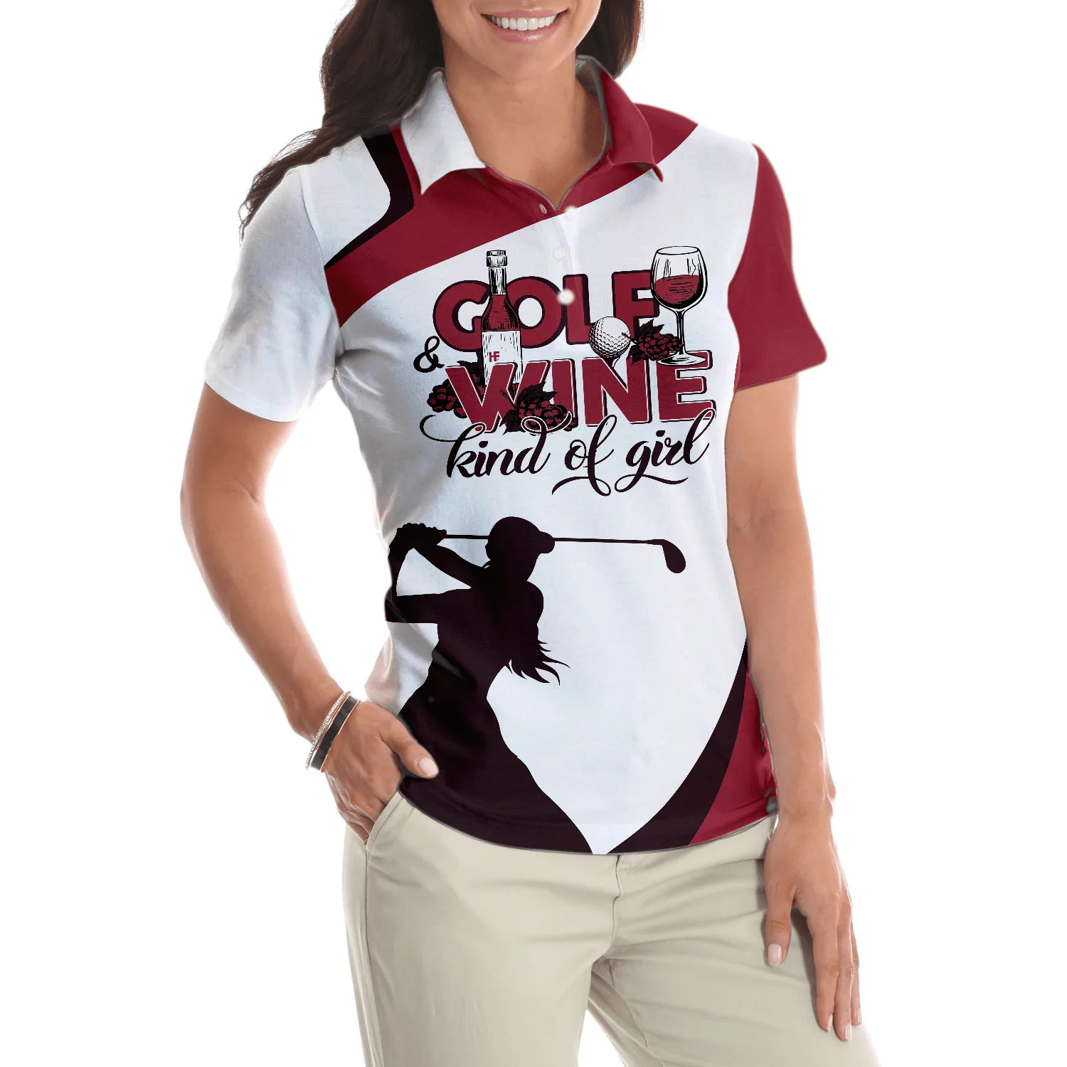 Golf Women Polo Shirt, Golf And Wine Kind Of Girl, White And Red Golf Women Polo Shirts, Golf Shirt For Wine Lovers, Ladies, Golf Lovers - Image 6