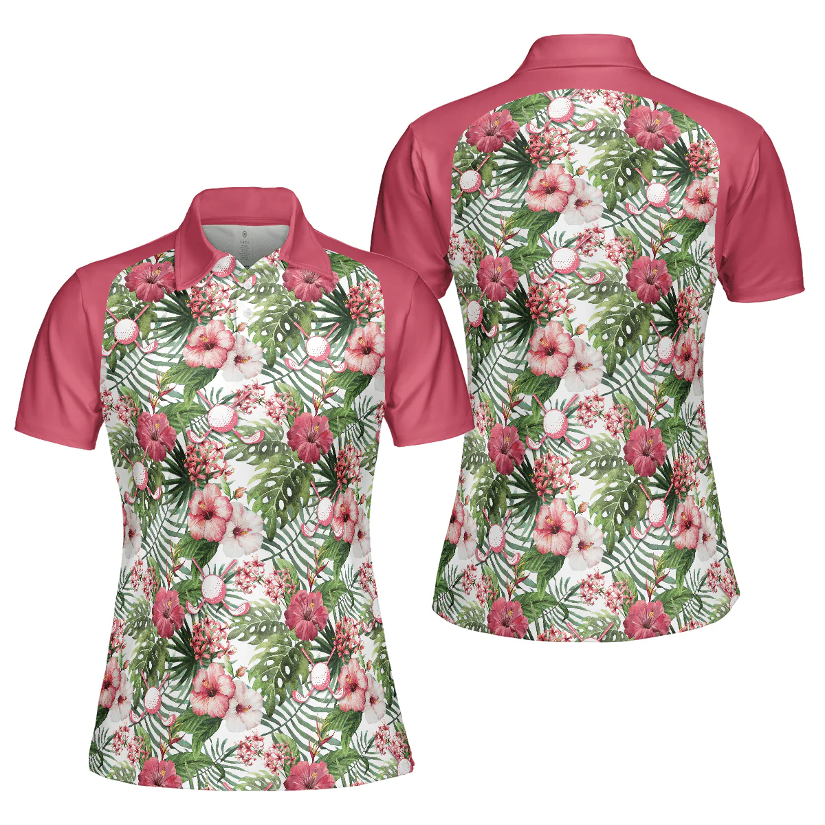 Golf Women Polo Shirt, Golf Ball On Tropical Flowers Pattern Background Women Polo Shirts, Golfing Gift For Ladies, Female Golfers, Golf Lovers - Image 2