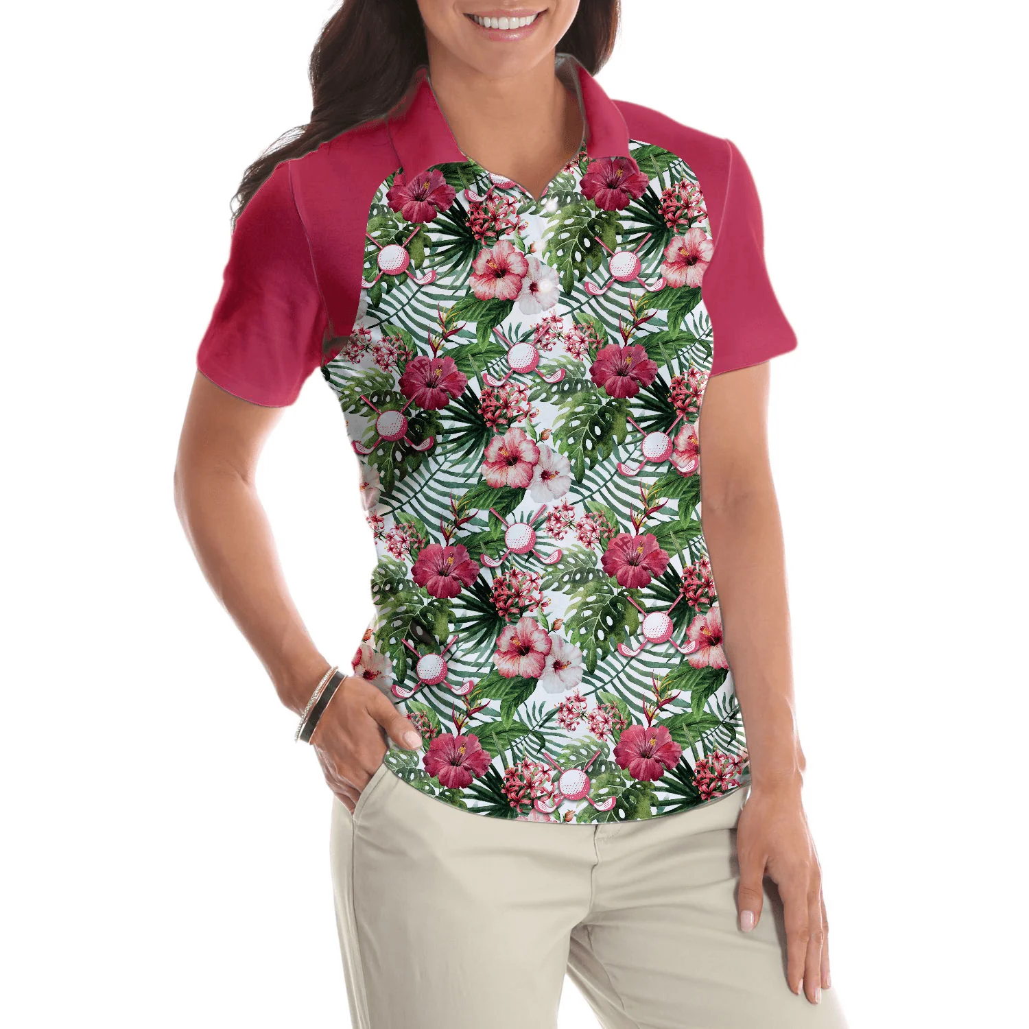 Golf Women Polo Shirt, Golf Ball On Tropical Flowers Pattern Background Women Polo Shirts, Golfing Gift For Ladies, Female Golfers, Golf Lovers - Image 6