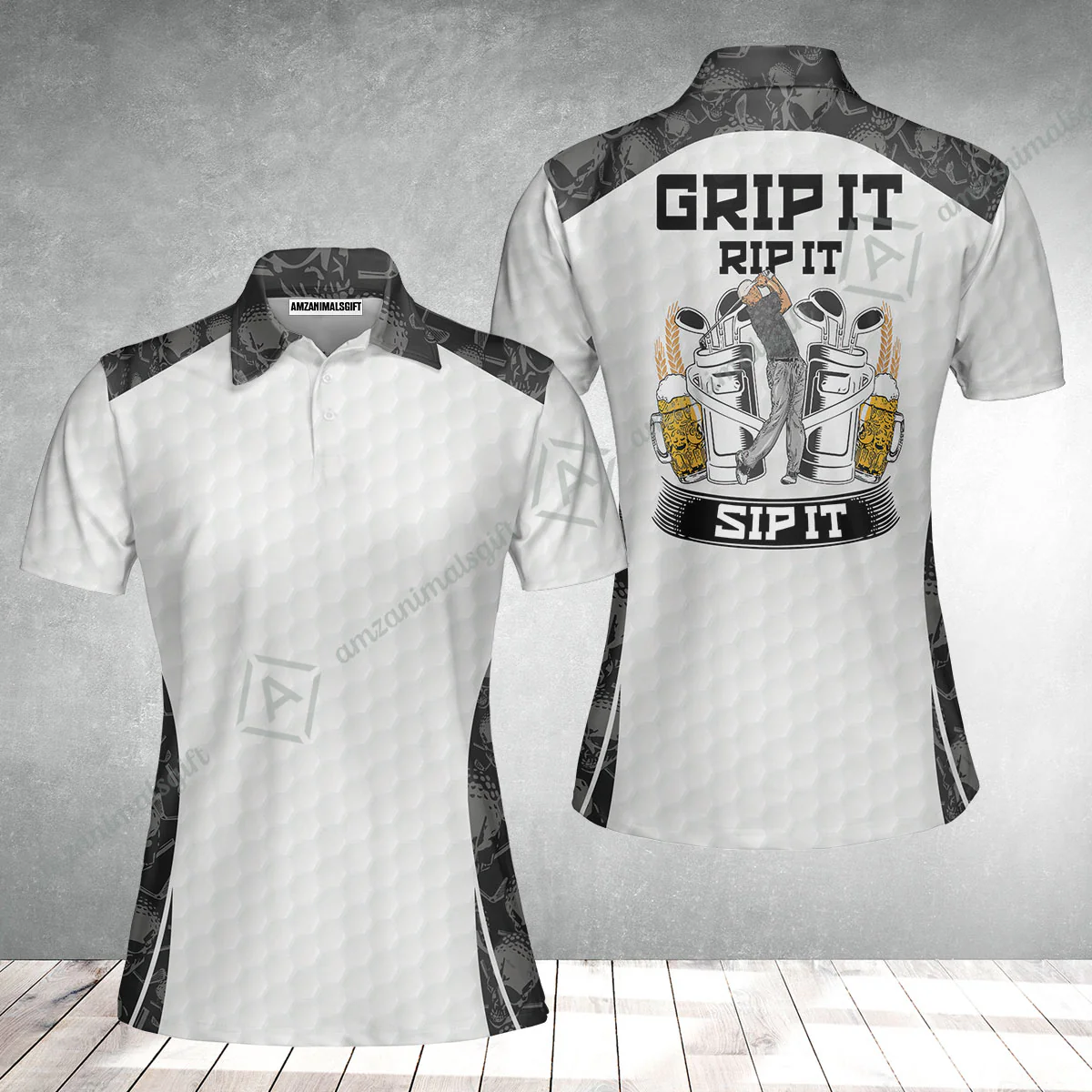 Golf Women Polo Shirt - Golf Ball Pattern Skull, Grip It Rip It Sip It Golf White Women Polo Shirt - Image 2