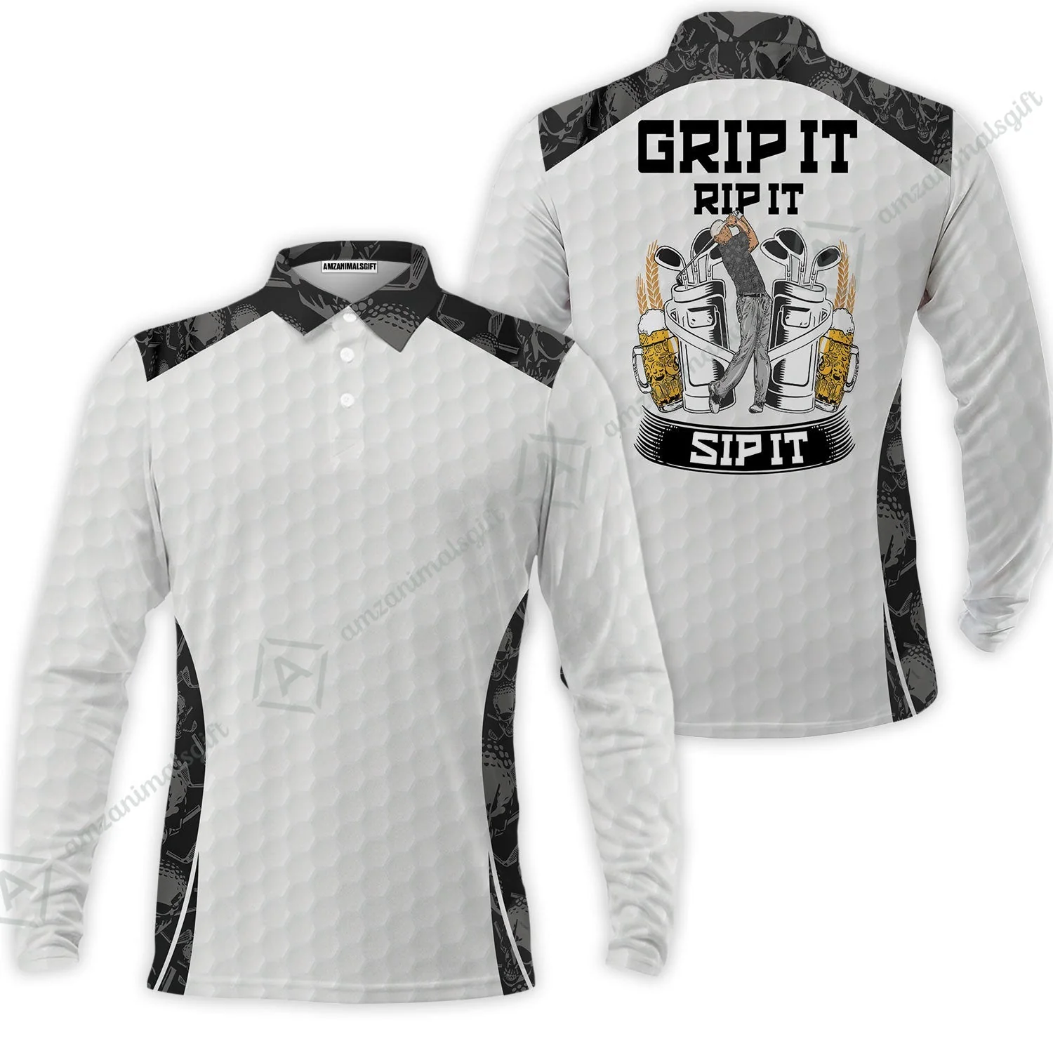 Golf Women Polo Shirt - Golf Ball Pattern Skull, Grip It Rip It Sip It Golf White Women Polo Shirt - Image 5