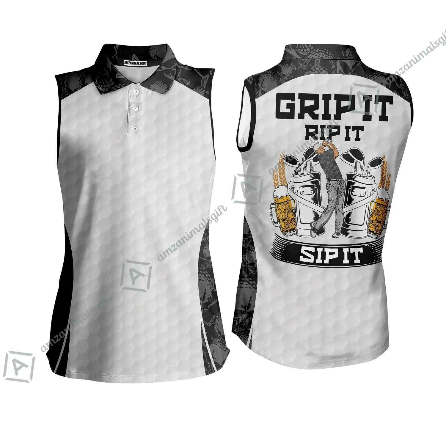 Golf Women Polo Shirt - Golf Ball Pattern Skull, Grip It Rip It Sip It Golf White Women Polo Shirt - Image 7