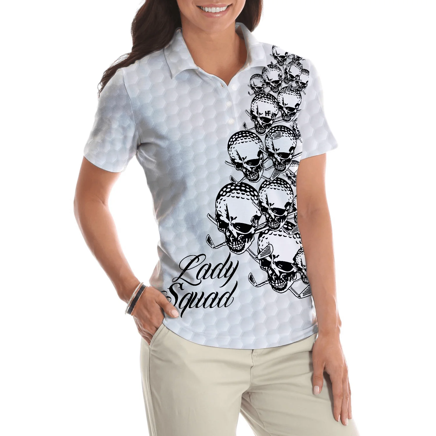 Golf Women Polo Shirt, Golf Ball Texture With Black And White Skull Lady Squad Women Polo Shirts, Gift For Ladies, Female Golfers, Golf Lovers - Image 5