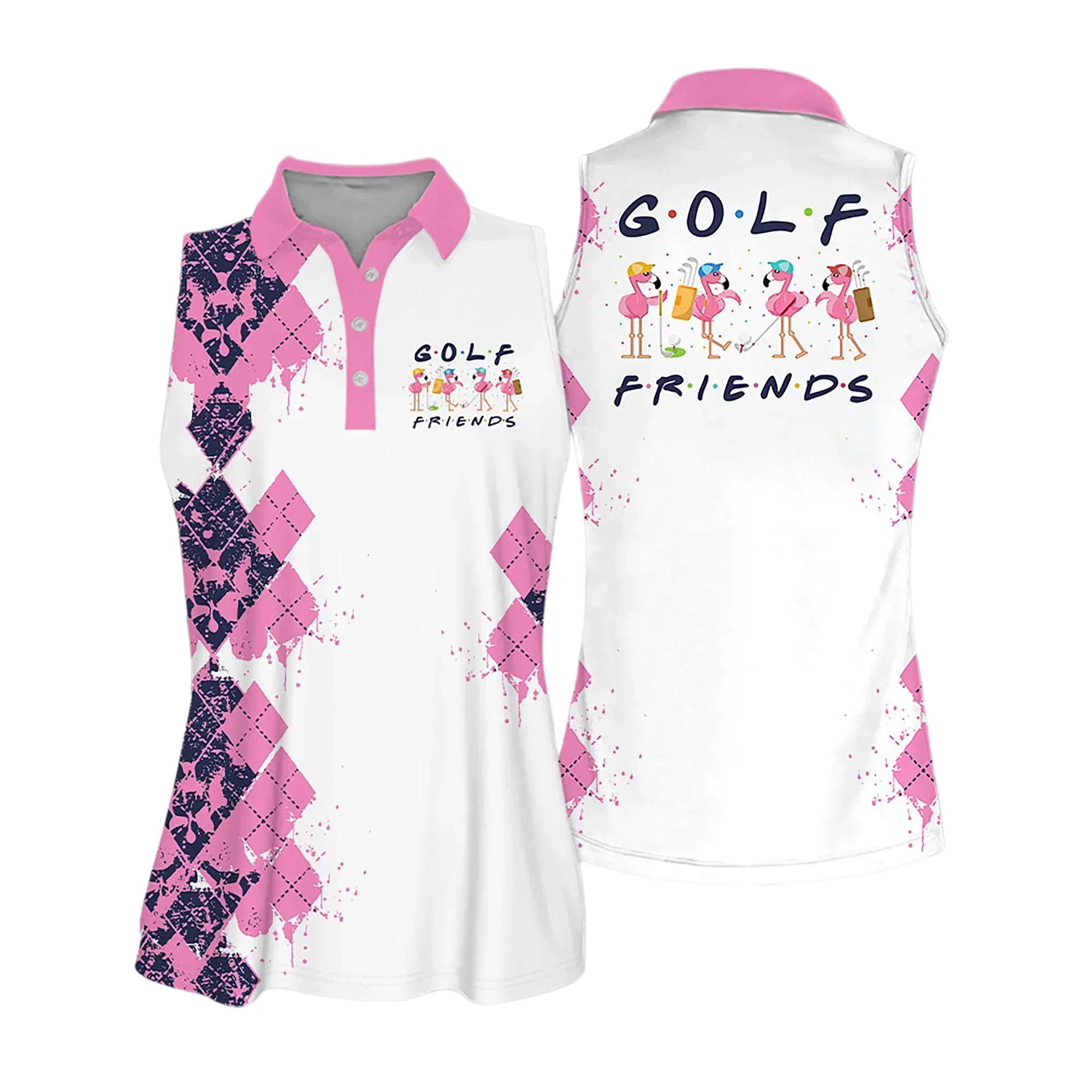 Golf Women Polo Shirt, Golf Friends Flamingo Multicolor, Argyle Pattern Women Polo Shirt - Gift For Mother's Day, Golfers, Female, Golf Lover