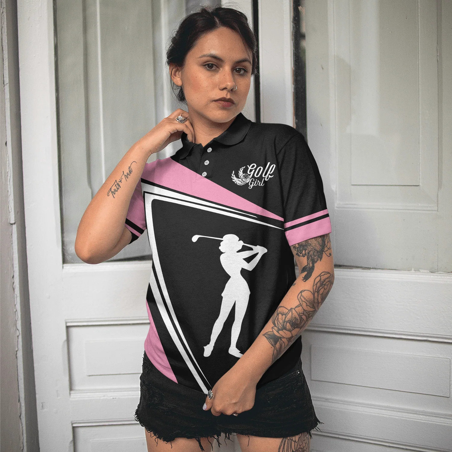 Golf Women Polo Shirt, Golf Girl Black White And Pink Women Polo Shirts, Best Gift For Female Golfers, Ladies, Golf Lovers - Image 5