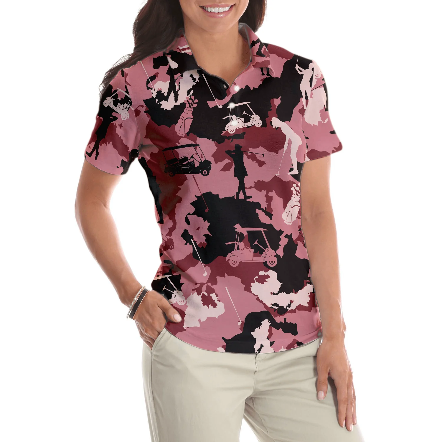 Golf Women Polo Shirt, Golf Girl Camouflage Pink Red Brown Camo Women Polo Shirts, Cool Golf Gift For Female Golfers, Ladies, Golf Lovers - Image 5