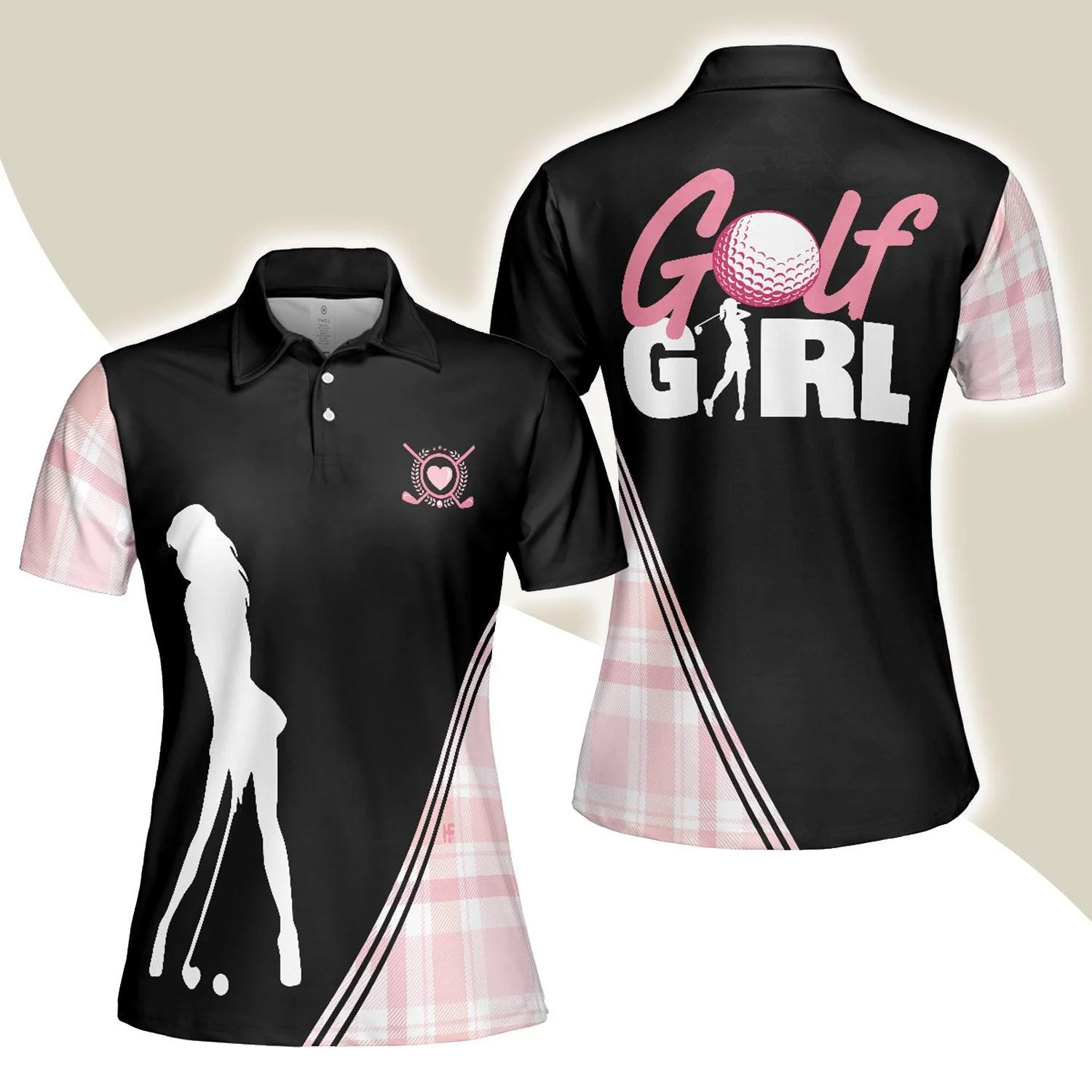 Golf Women Polo Shirt, Golf Girl In Black And Pink Plaid Pattern Women Polo Shirts, Unique Gift For Female Golfers, Ladies, Golf Lovers