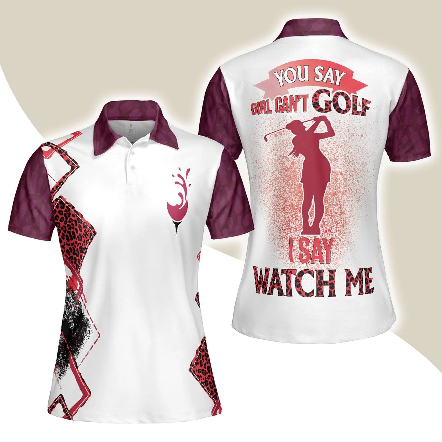 Golf Women Polo Shirt - Golf Girl You Say Girl Can't Golf I Say Watch Me Leopard Plum Purple Wine Women Polo Shirts - Perfect Gift For Women, Golfers
