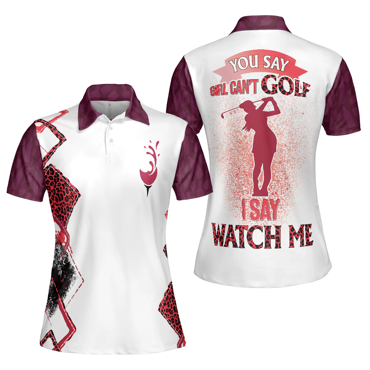Golf Women Polo Shirt - Golf Girl You Say Girl Can't Golf I Say Watch Me Leopard Plum Purple Wine Women Polo Shirts - Perfect Gift For Women, Golfers - Image 2