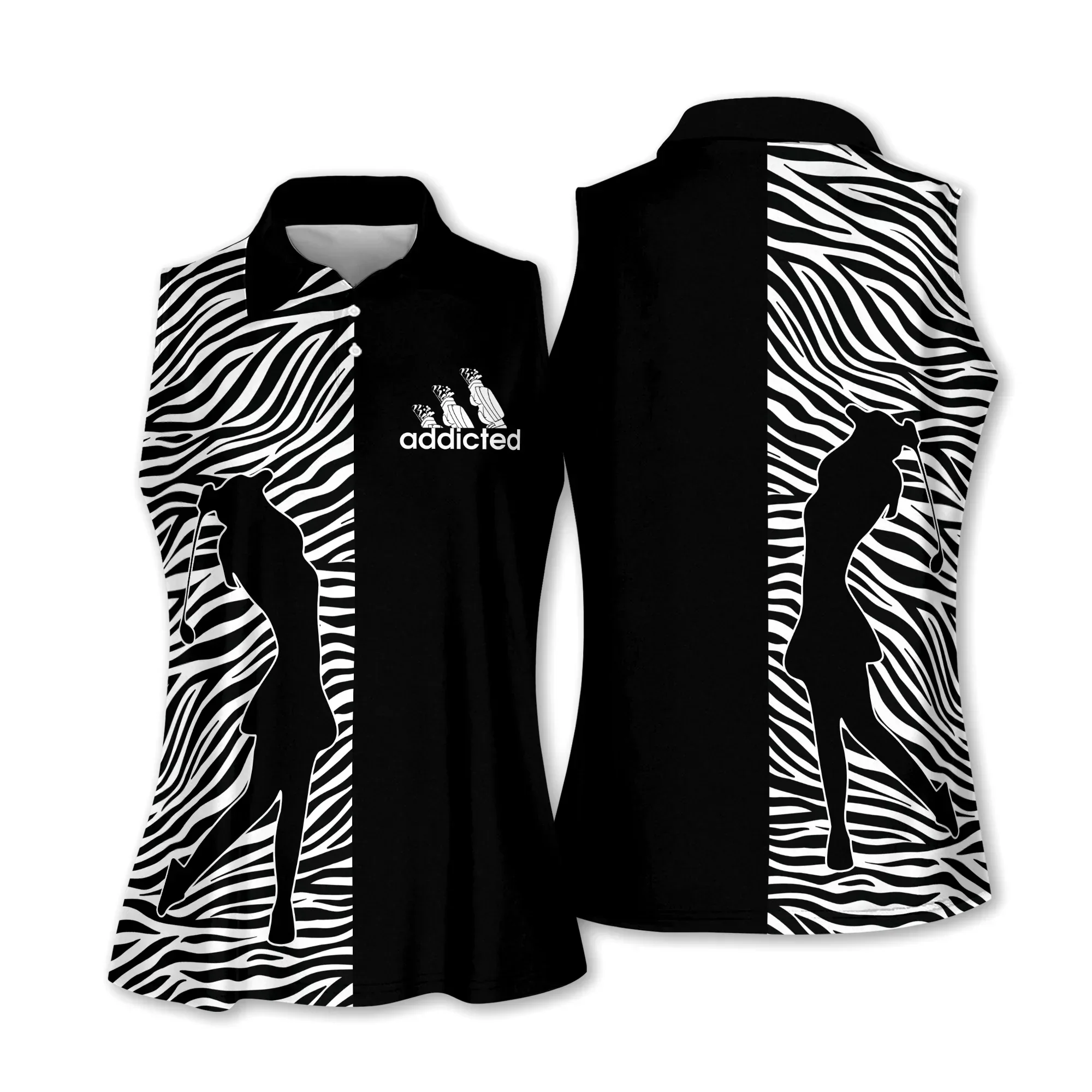 Golf Women Polo Shirt, Golf Girl Zebra Pattern Addicted Black Background Women Polo Shirt - Gift For Mother's Day, Golfers, Female, Golf Lover