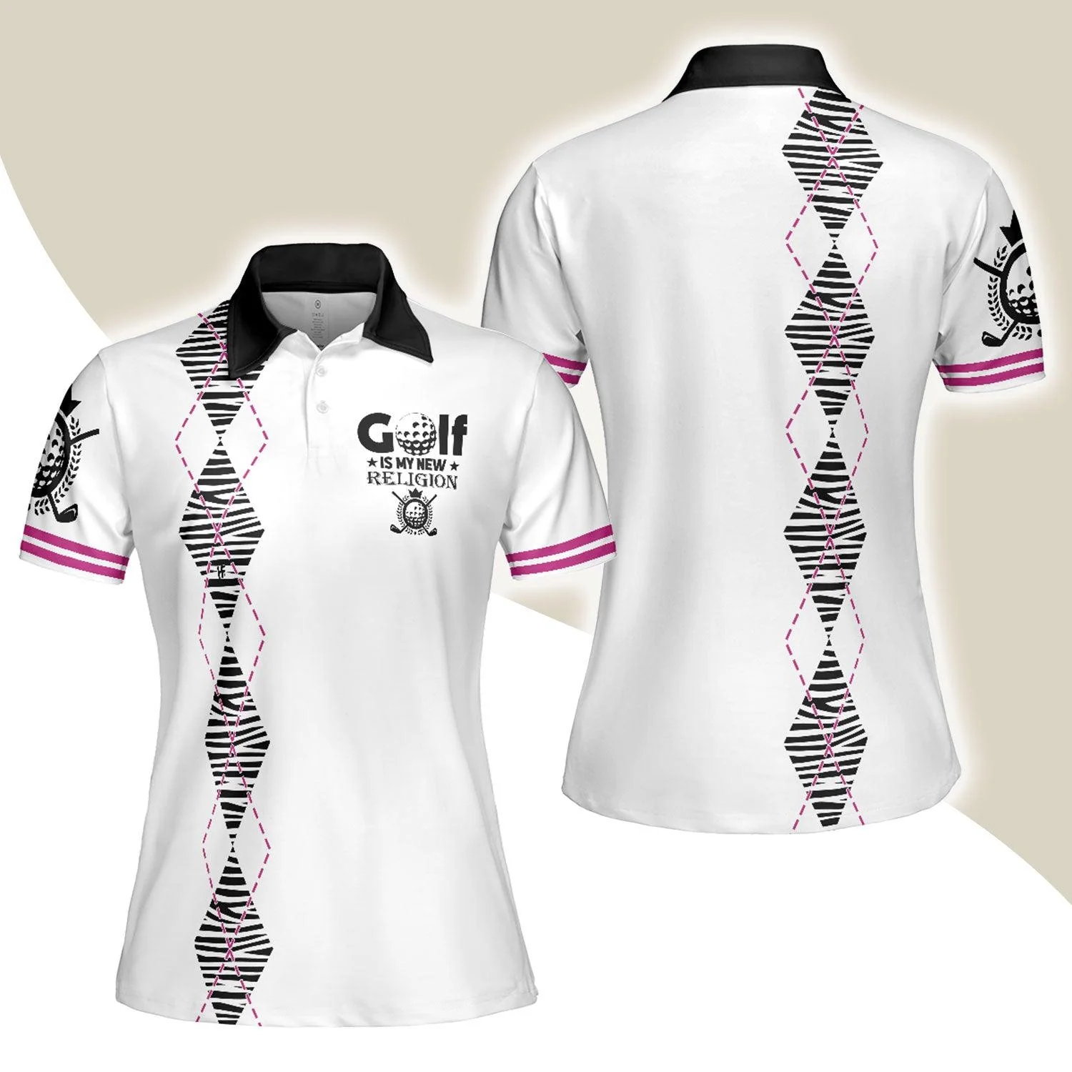 Golf Women Polo Shirt, Golf Is My New Religion Zebra Argyle Golf Women Polo Shirts, Unique Golf Gift For Ladies, Team Female Golfers