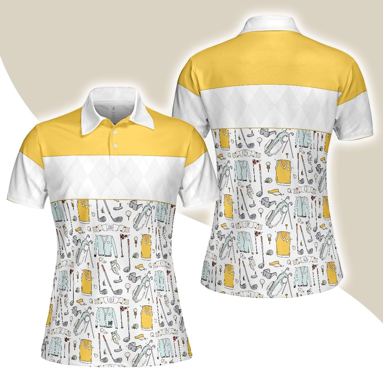 Golf Women Polo Shirt, Golf Symbol And Golf Argyle Pattern Yellow Women Polo Shirts, Best Golf Gift For Ladies, Golfers, Golf Lovers