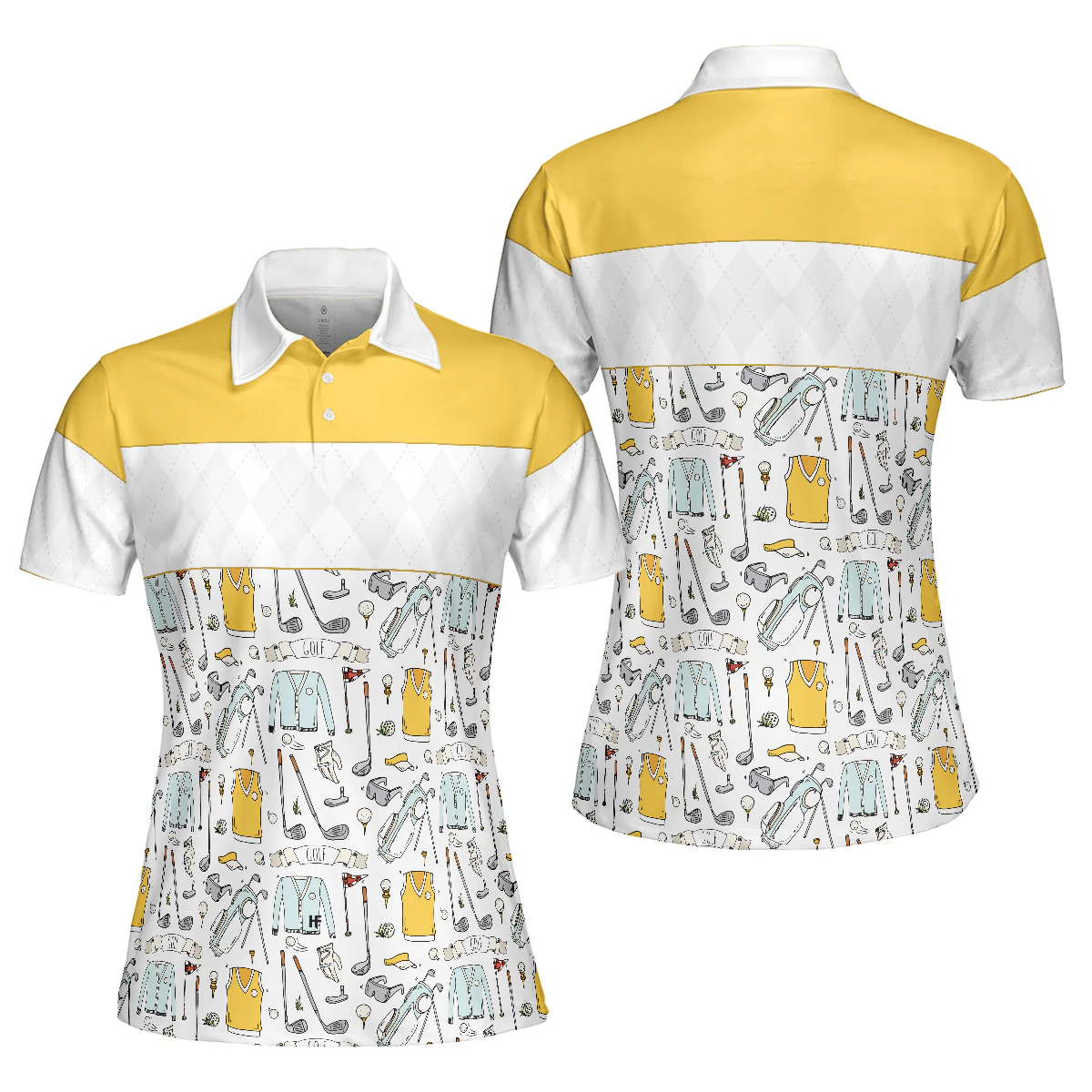 Golf Women Polo Shirt, Golf Symbol And Golf Argyle Pattern Yellow Women Polo Shirts, Best Golf Gift For Ladies, Golfers, Golf Lovers - Image 2