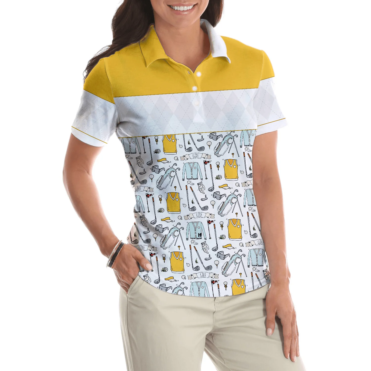 Golf Women Polo Shirt, Golf Symbol And Golf Argyle Pattern Yellow Women Polo Shirts, Best Golf Gift For Ladies, Golfers, Golf Lovers - Image 5