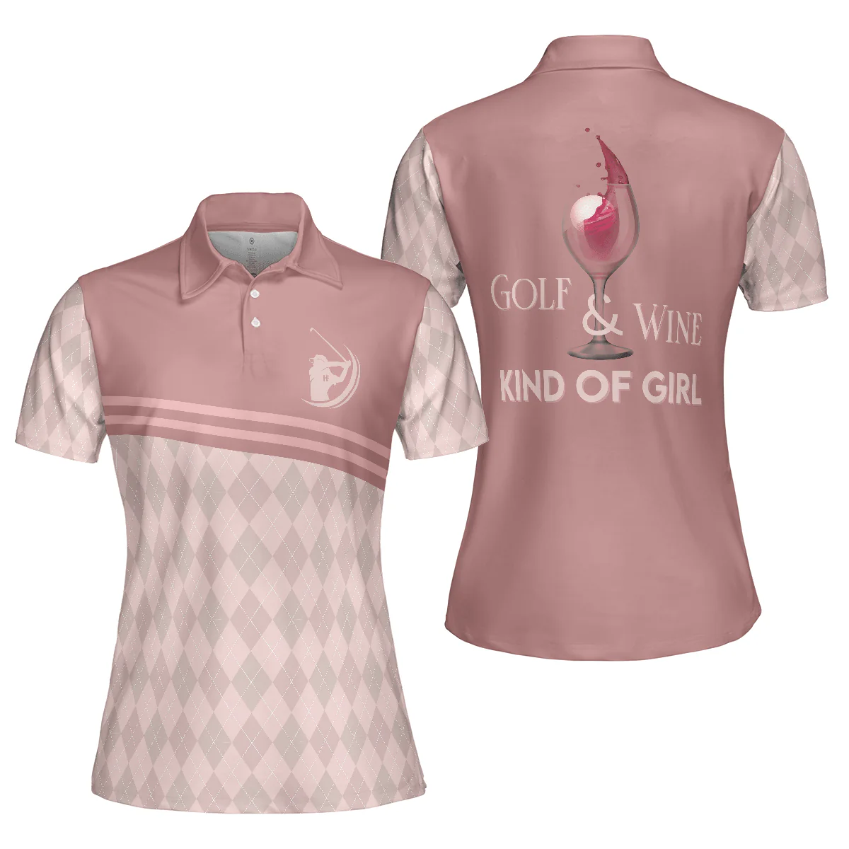 Golf Women Polo Shirt, Golf & Wine Kind Of Girl, Pink Argyle Pattern Women Polo Shirts, Wine Golf Gift For Ladies, Golfers, Golf Sport Lovers - Image 2
