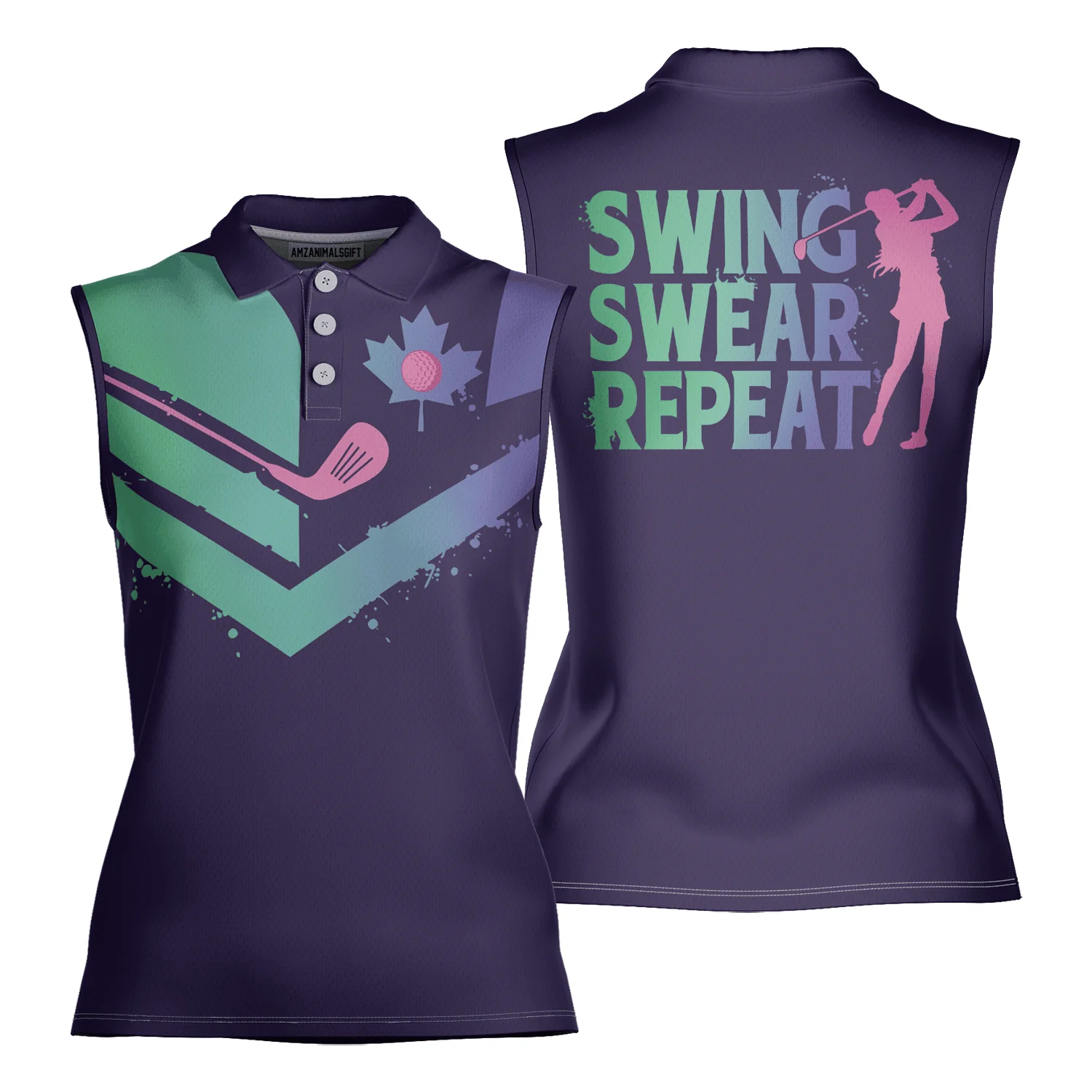 Golf Women Polo Shirt, Gradient Flag Canada Swing Swear Repeat Golf Girl Women Polo Shirt - Gift For Golfers, Female, Golf Lovers, Mother's Day