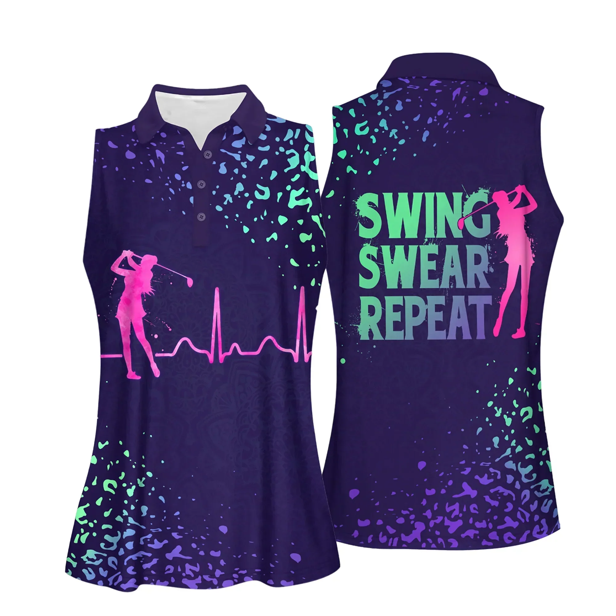 Golf Women Polo Shirt, Gradient Leopard Pattern Swing Swear Repeat Golf Clubs Heartbeat Women Polo Shirt - Gift For Mother's Day, Golfers, Female