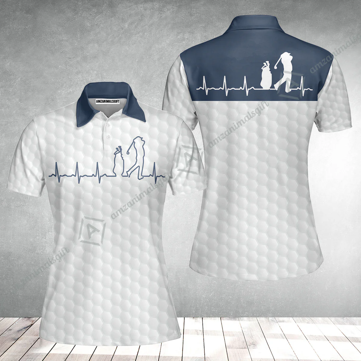 Golf Women Polo Shirt - Heartbeat Golfer White And Navy Golf Women Polo Shirt, White Golf Ball Pattern Women Polo Shirt - Best Gift For Golfers - Image 2