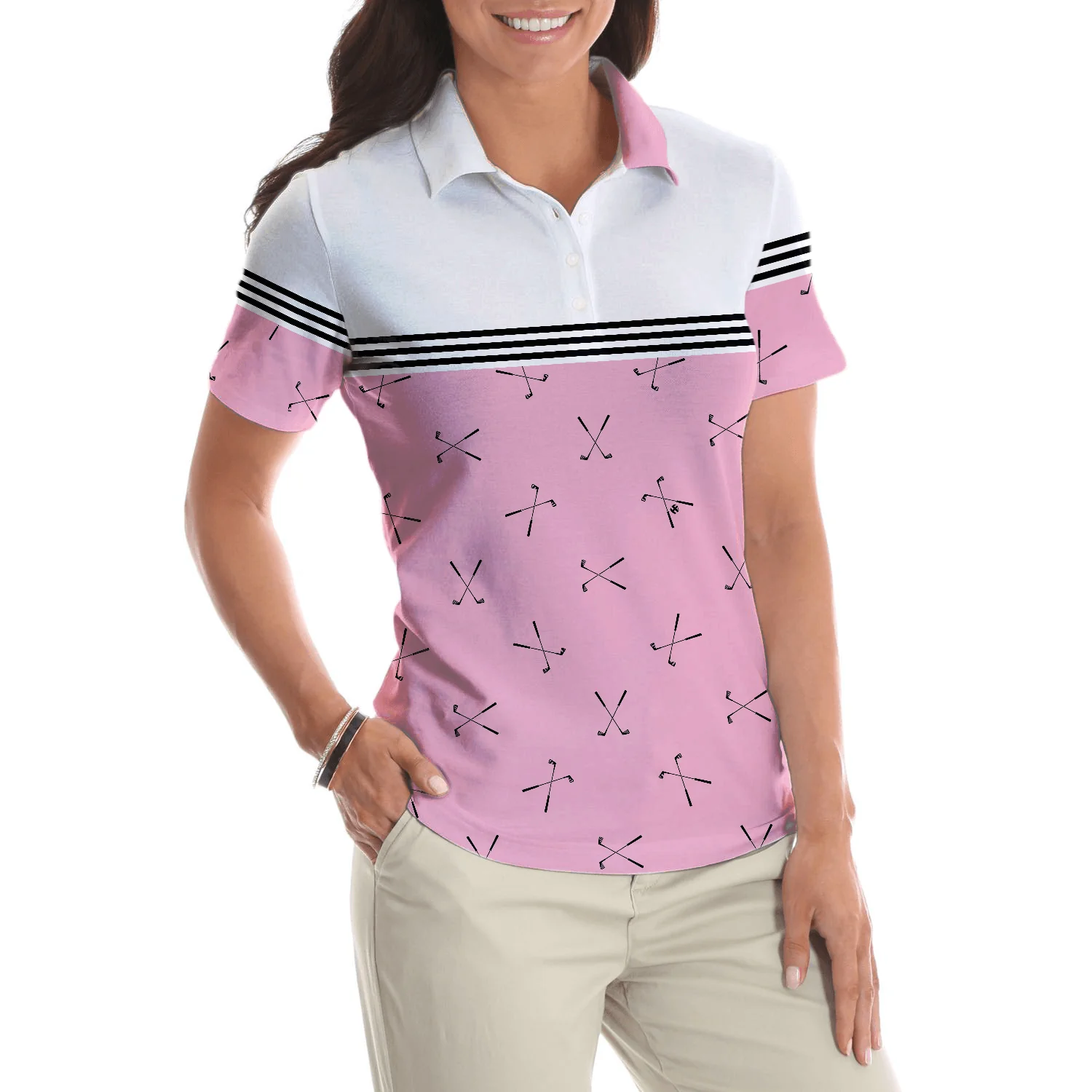 Golf Women Polo Shirt, Hole In One, Pink Golfing, Golf Clubs Repeat Pattern Women Polo Shirts, Best Female Gift For Golf Lovers, Ladies, Golfers - Image 5
