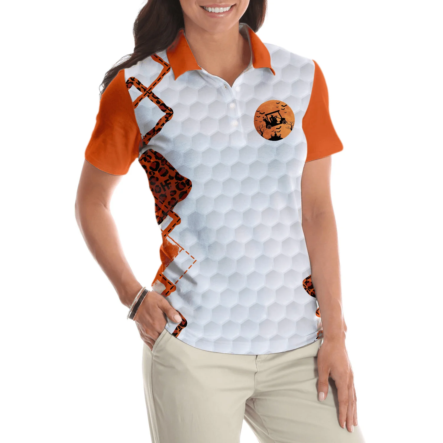 Golf Women Polo Shirt, I Have Two Titles Mom, Orange Leopard Halloween Witch Women Polo Shirts, Unique Female Gift For Golfers, Ladies, Golf Lovers - Image 5