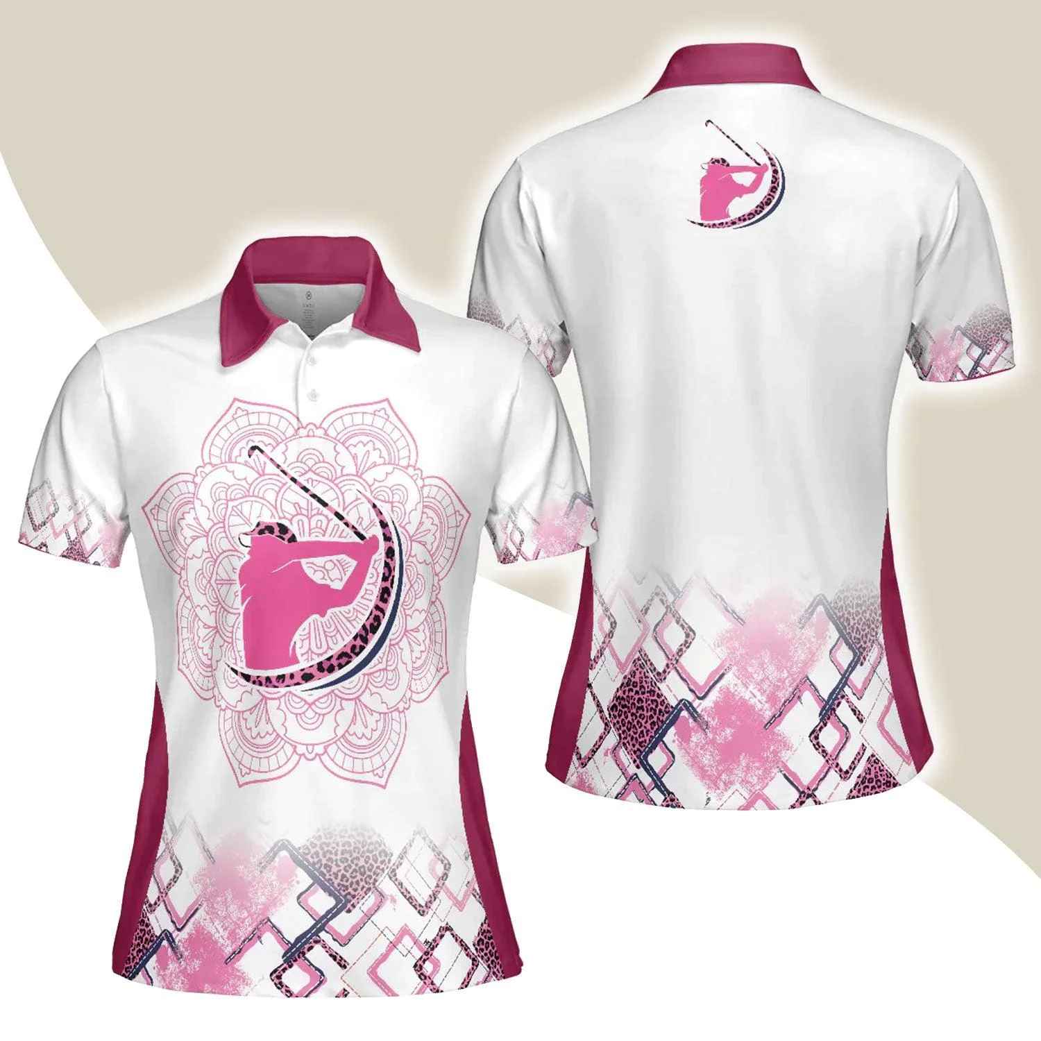 Golf Women Polo Shirt - Leopard Mandala Pattern Thinning Layout Pink Girl Women Polo Shirts - Best Gift For Ladies, Female, Girls, Golfers, Golf Lover