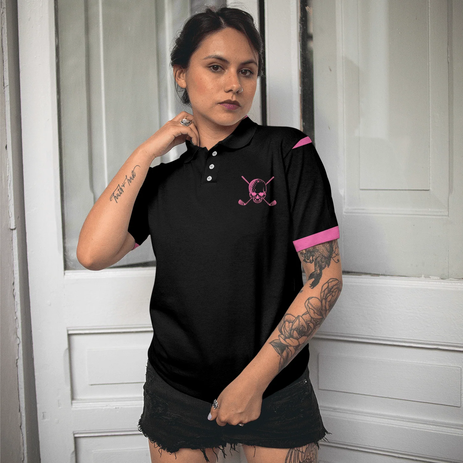 Golf Women Polo Shirt, Pink Skull Black Women Polo Shirts, Simple Golf Shirt Design Gift For Female Golfers, Ladies, Golf Lovers - Image 6