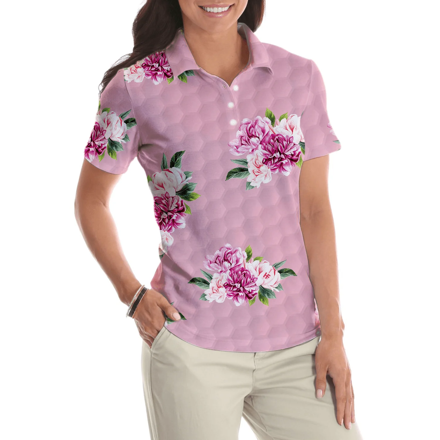 Golf Women Polo Shirt, Pink Watercolor Flowers Women Polo Shirt - Perfect Gift For Female, Ladies, Golfers, Golf Lovers - Image 5