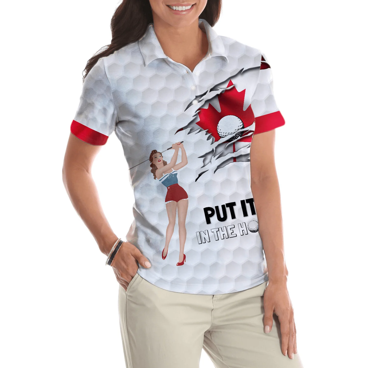 Golf Women Polo Shirt, Put It The Hole Golfaholic, Canada Flag Pin Up Girl Women Polo Shirts, Best Golf Gift For Female Golfers, Ladies, Golf Lovers - Image 6