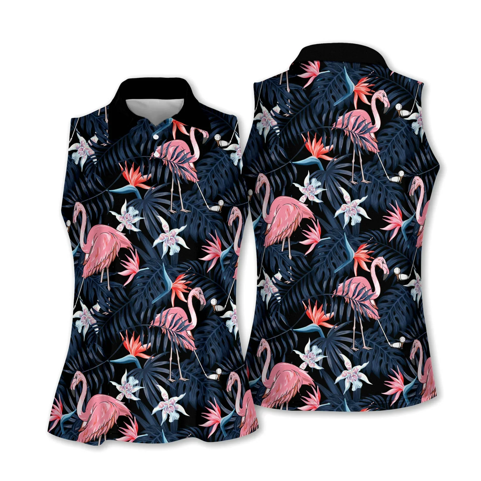 Golf Women Polo Shirt, Seamless Tropical Leaves Flower Flamingo Pattern Women Polo Shirt - Gift For Mother's Day, Golfer, Female, Golf Lover