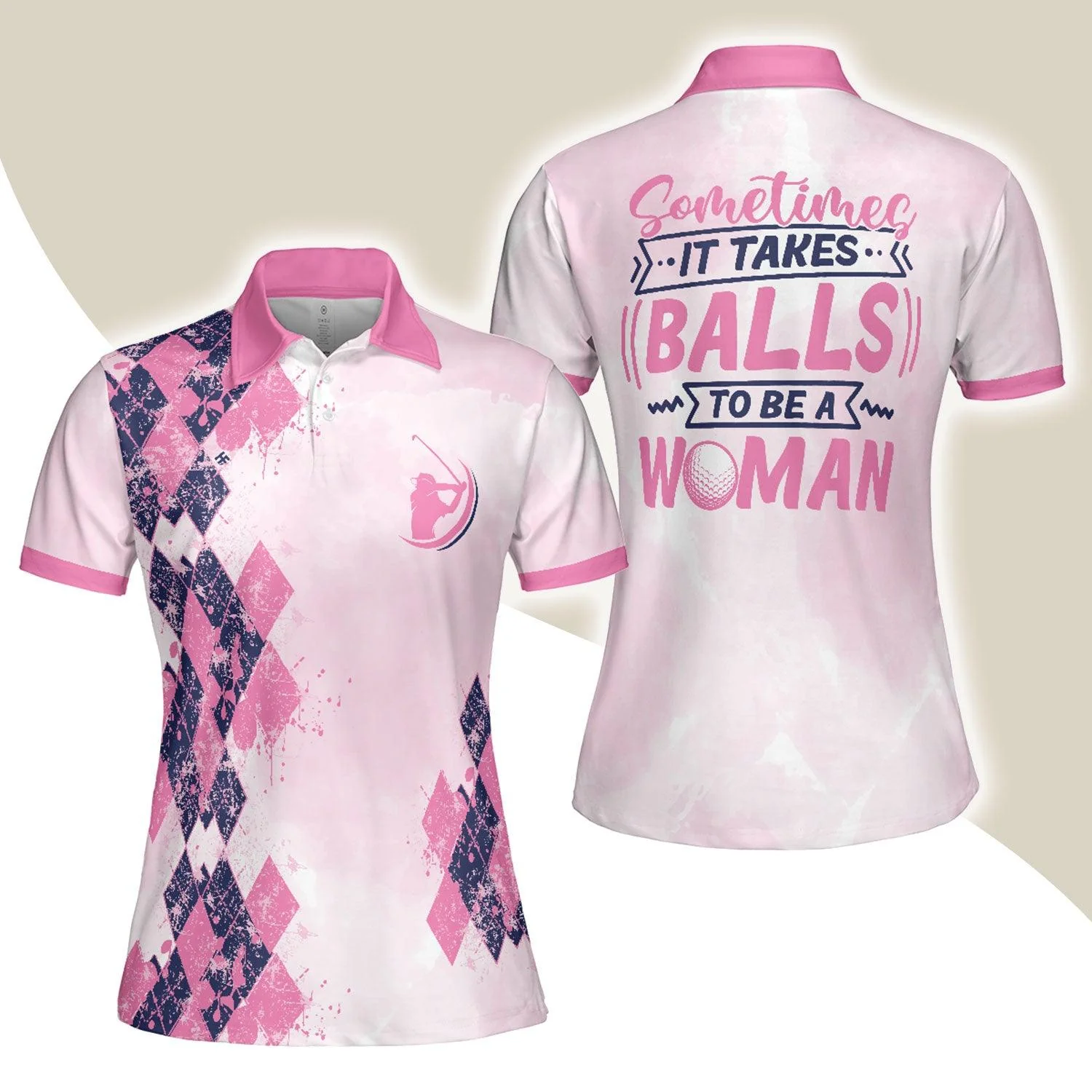 Golf Women Polo Shirt, Sometimes It Takes Balls, Pink Argyle Pattern Golf Women Polo Shirts - Perfect Gift For Ladies, Golfers, Golf Lovers