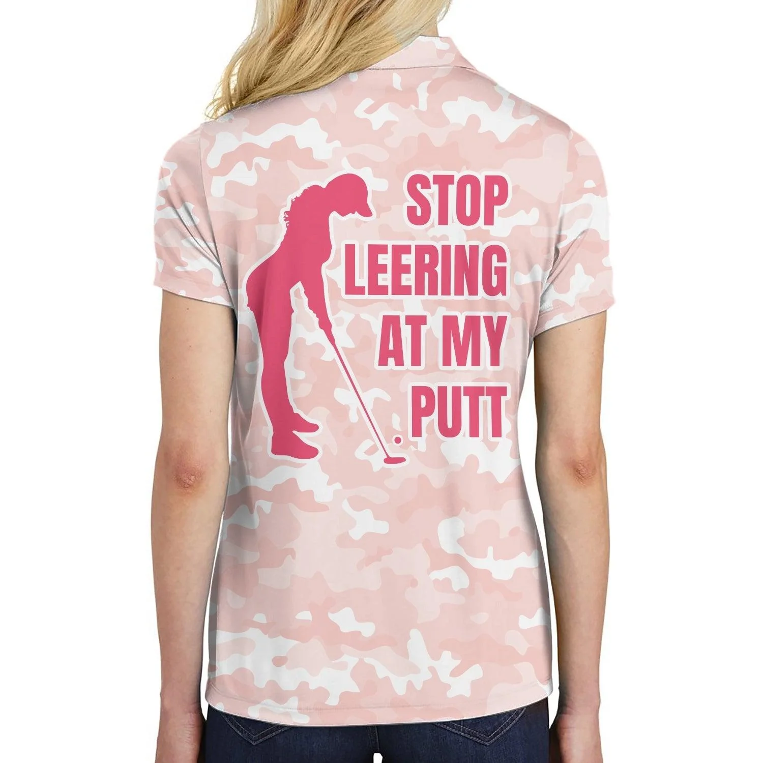 Golf Women Polo Shirt, Stop Leering At My Putt, Girl Play Golf Pink Pattern Women Polo Shirts, Unique Female Gift For Golfers, Ladies, Golf Lovers - Image 5