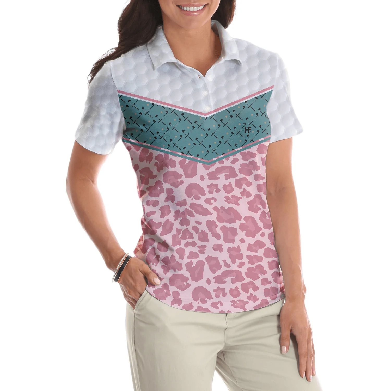 Golf Women Polo Shirt, Striped Golf Clubs Seamless Pattern Leopard Women Polo Shirts, Best Gift For Ladies, Golfers, Golf Lovers - Image 5