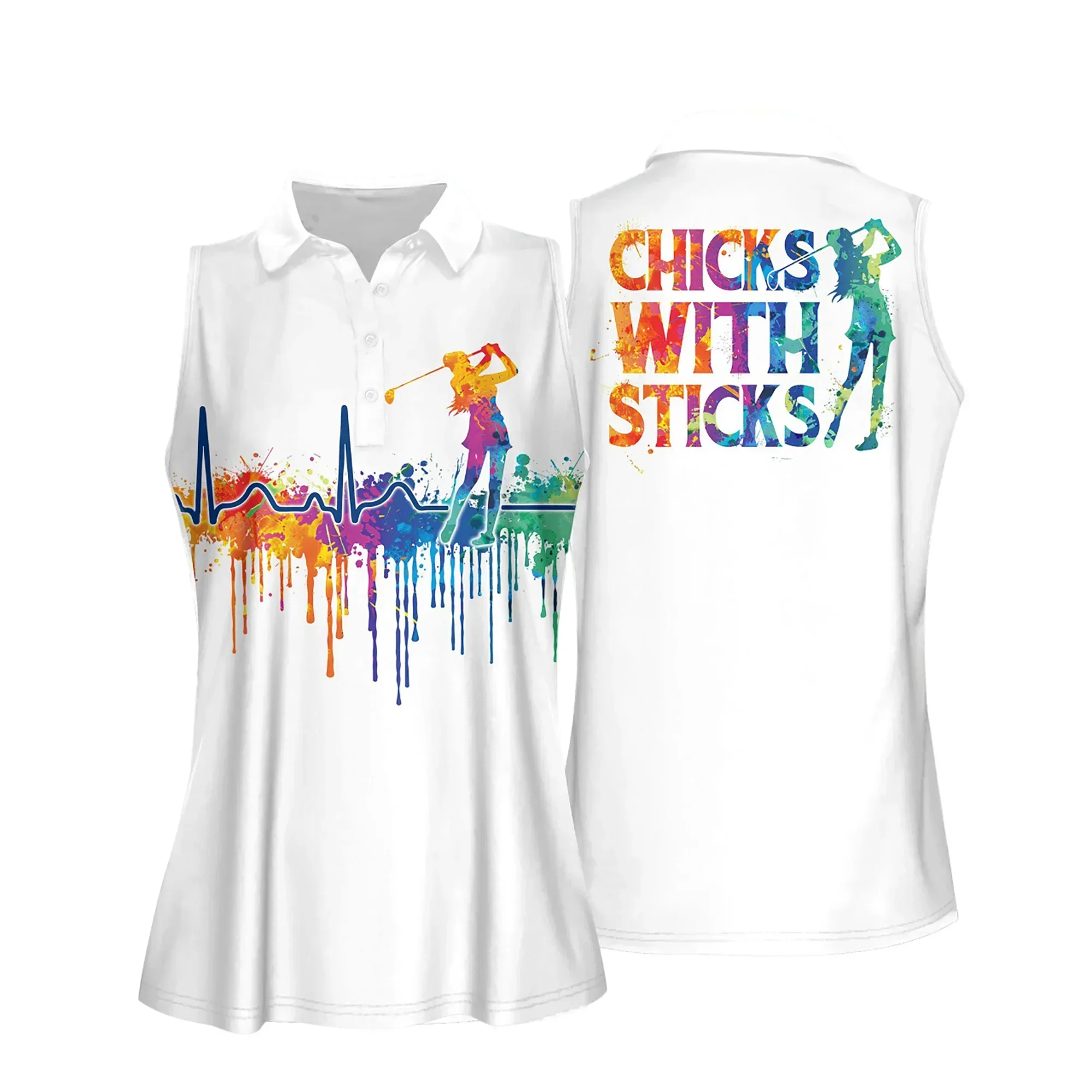 Golf Women Polo Shirt, Watercolor Heartbeat, Golf Girl Chicks With Sticks Women Polo Shirt - Gift For Mother's Day, Golfers, Female, Golf Lover