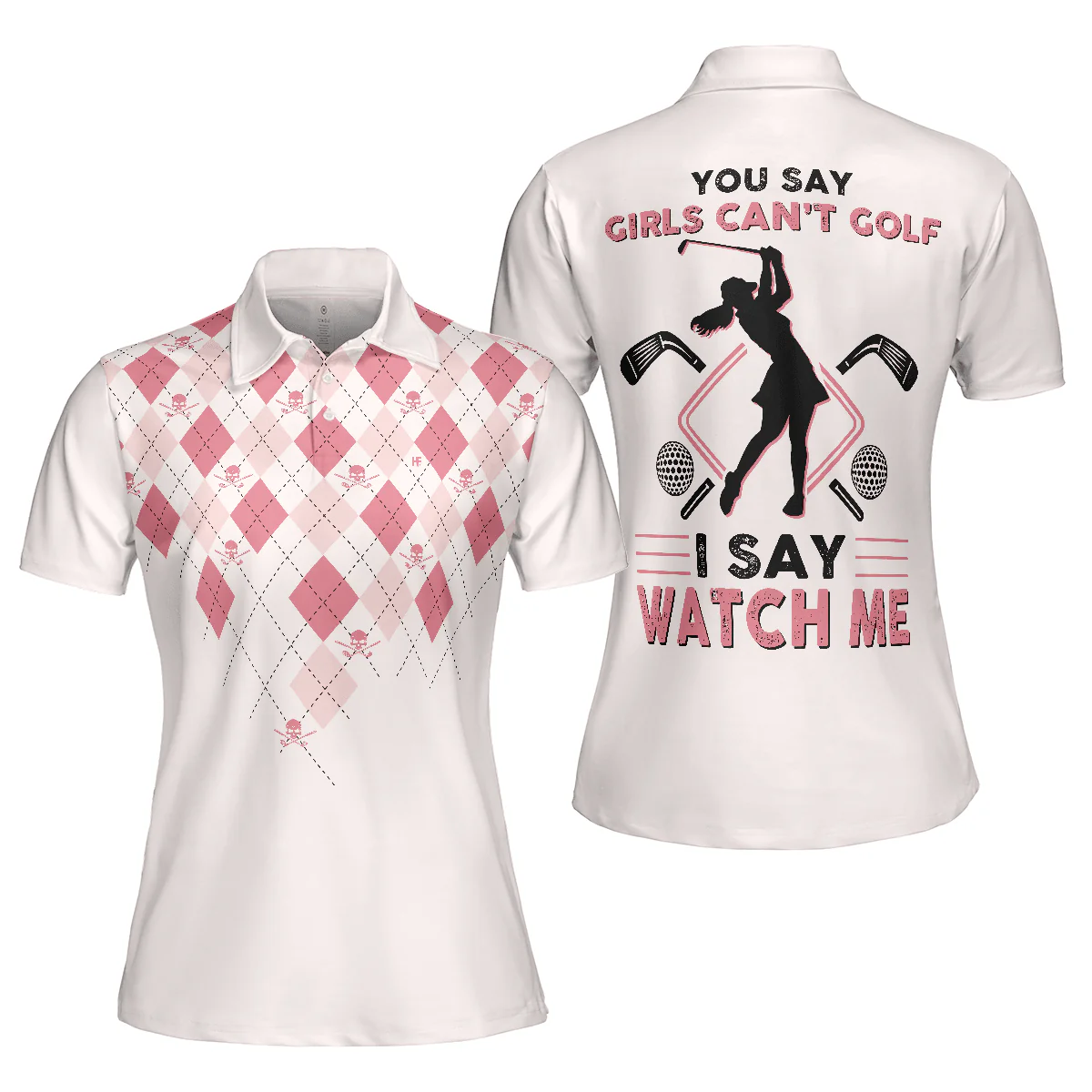 Golf Women Polo Shirt - You Say Girls Can't Golf I Say Watch Me Women Polo Shirts, Light Pink Argyle Pattern Shirt For Ladies - Perfect Gift For Women - Image 2