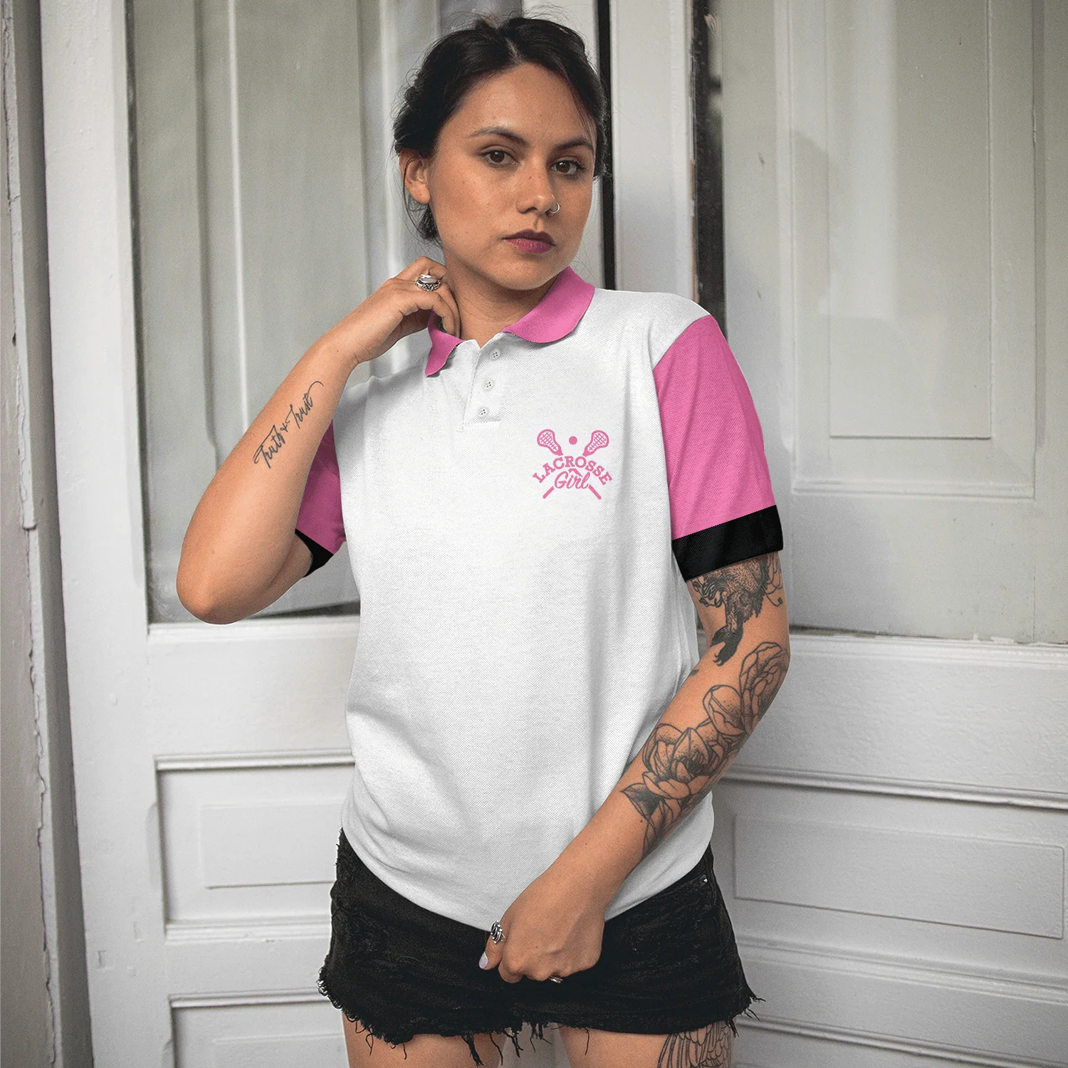 Golf Women Polo Shirts - Pink White Yes I Play Like A Girl Need A Lesson Lacrosse Polo Shirts - Perfect Gift For Women, Golfers, Golf Lover - Image 5