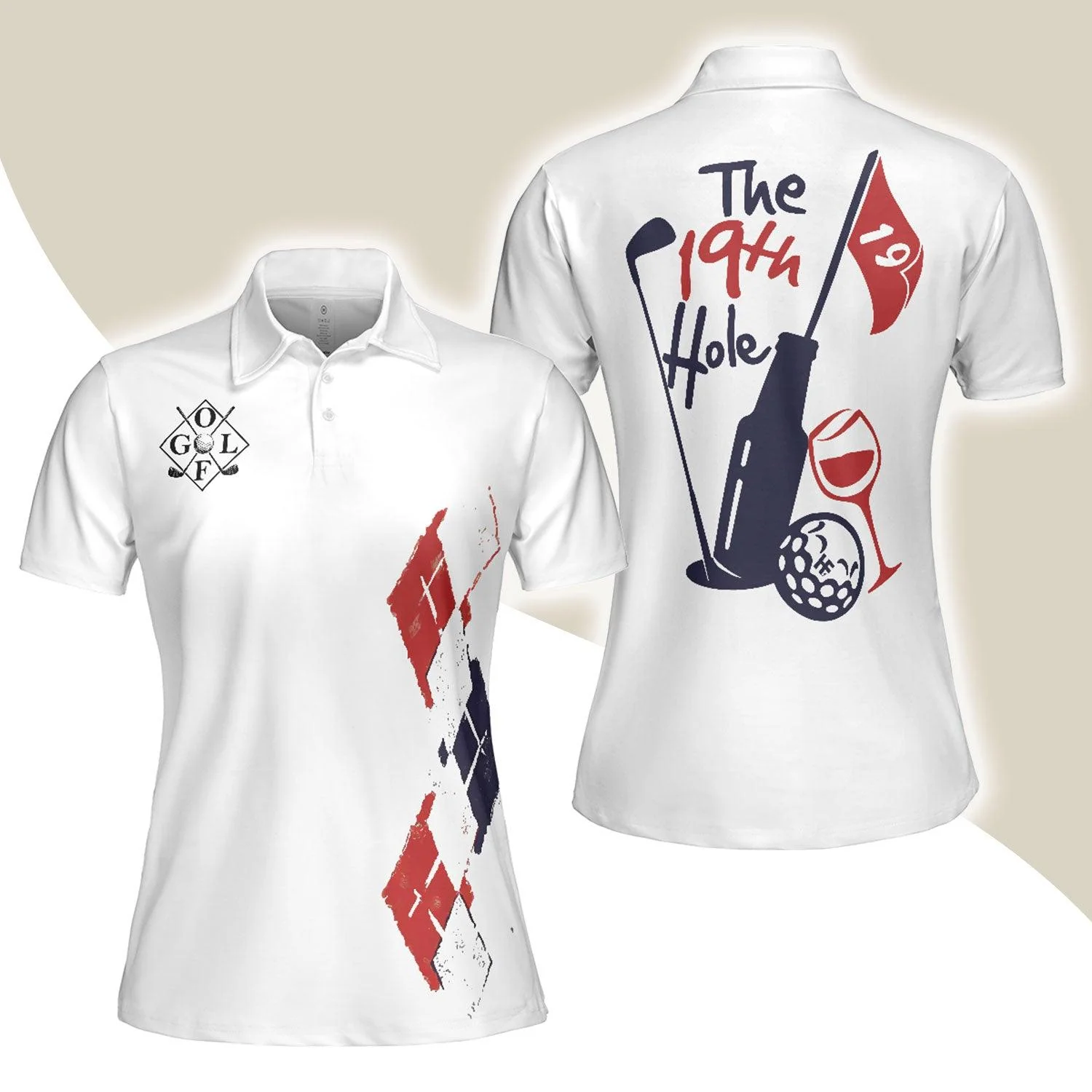 Golf Women Polo Shirts - Red White Blue Argyle Pattern The 19th Hole Golf Women Polo Shirt - Perfect Gift For Women, Golfers, Golf Lover