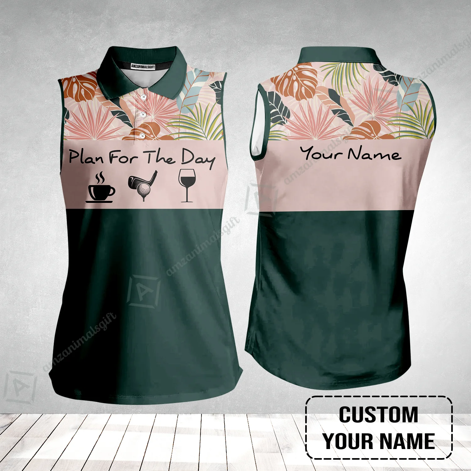 Golf Women Sleeveless Polo Shirt - Custom Name Tropical Leaves Floral Apparel - Plan For The Day Coffee Golf Wine - Image 2
