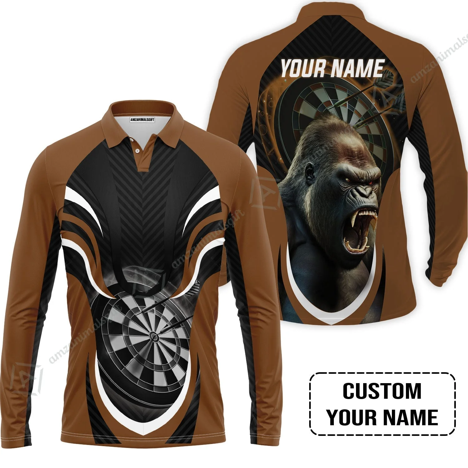 Gorilla And Darts Custom Name Hoodie, Bullseye Dartboard Brown Personalized Hoodie - Image 4