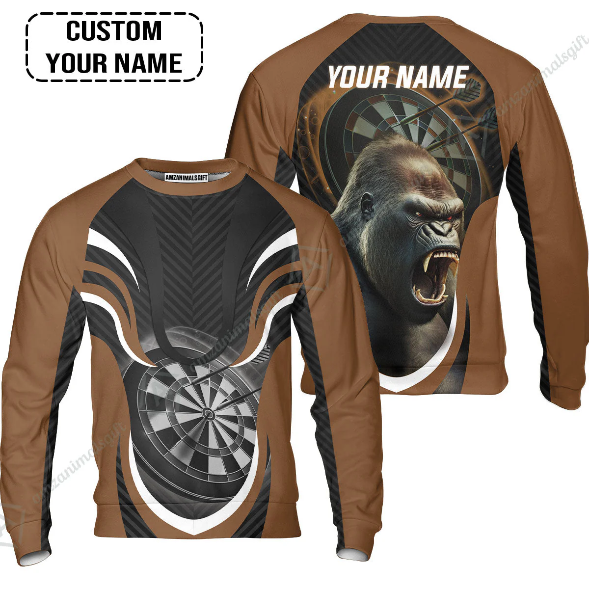 Gorilla And Darts Custom Name Hoodie, Bullseye Dartboard Brown Personalized Hoodie - Image 6