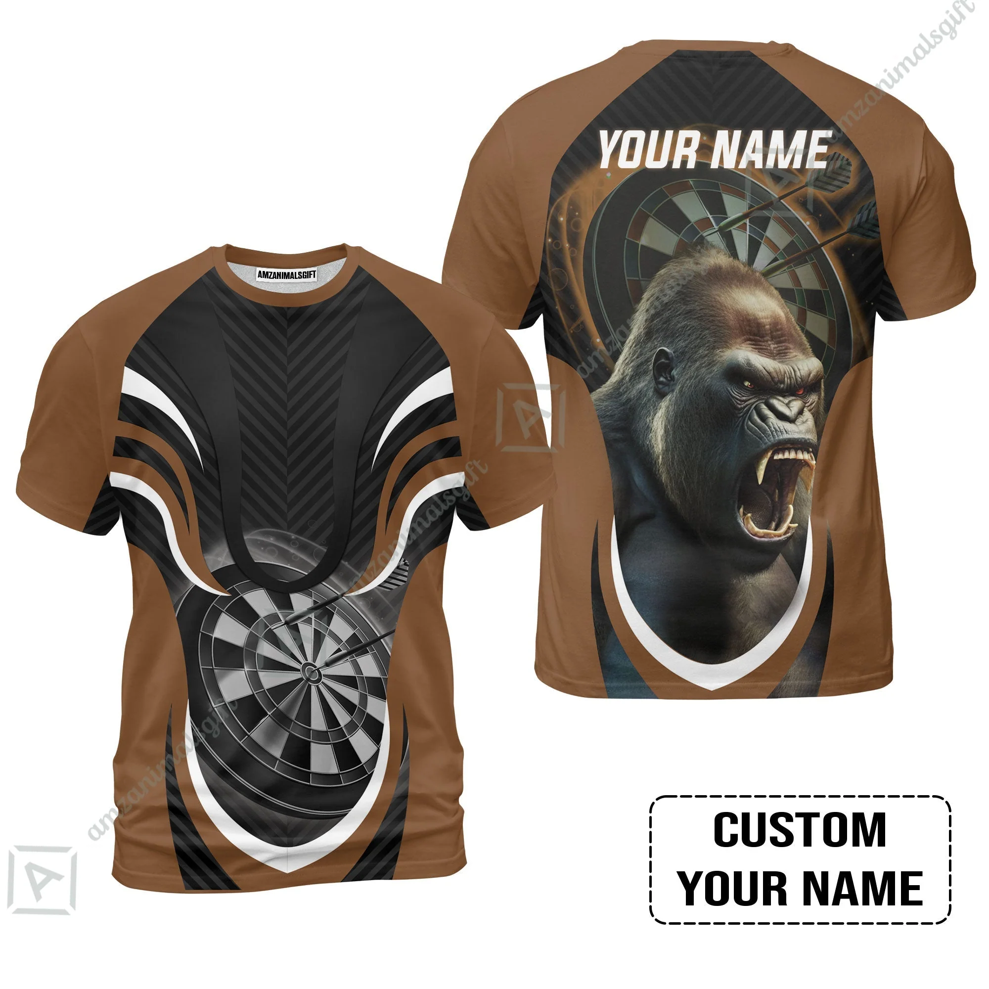 Gorilla And Darts Custom Name Hoodie, Bullseye Dartboard Brown Personalized Hoodie - Image 8