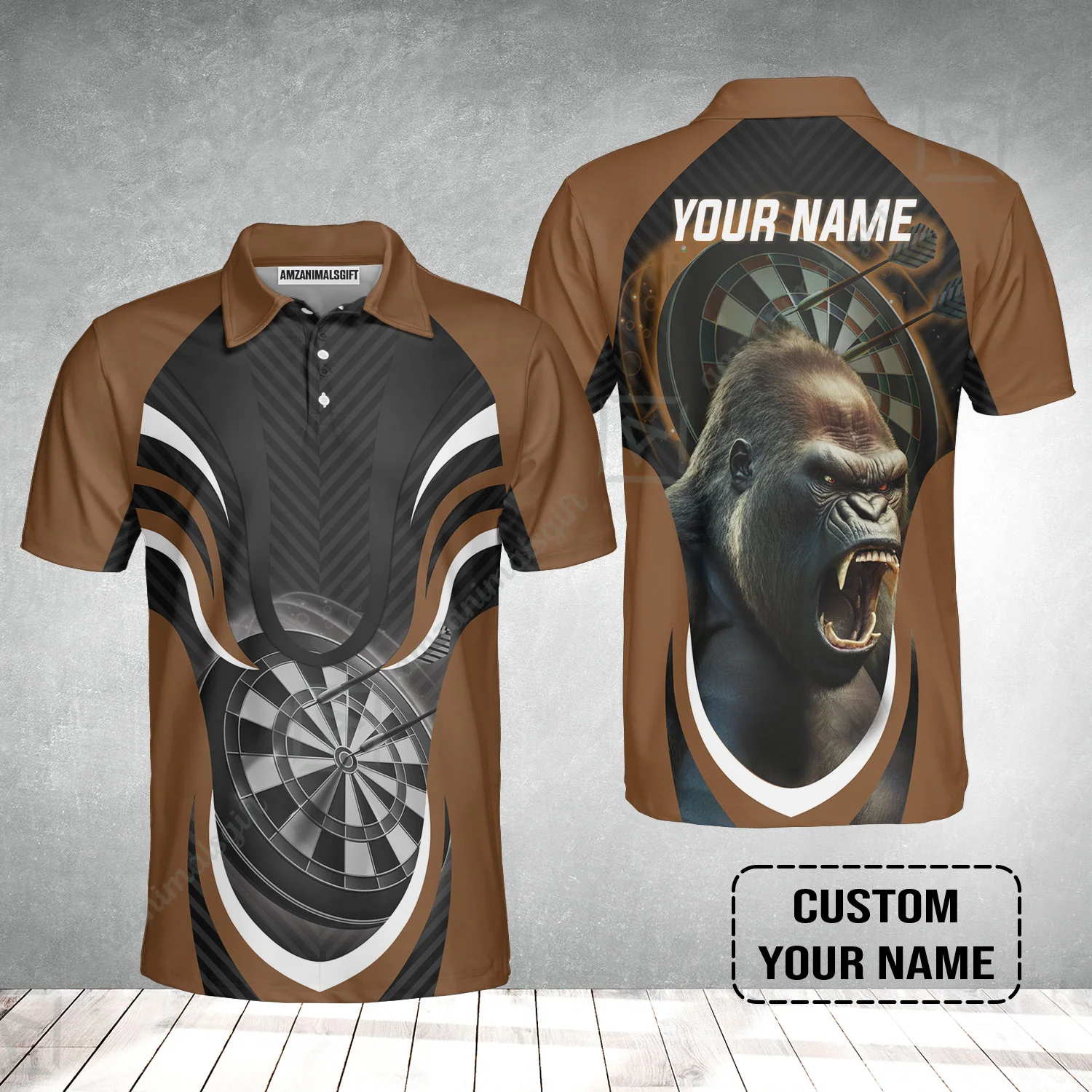Gorilla And Darts Custom Name Men Polo Shirt, Bullseye Dartboard Brown Personalized Men Polo Shirt - Image 2