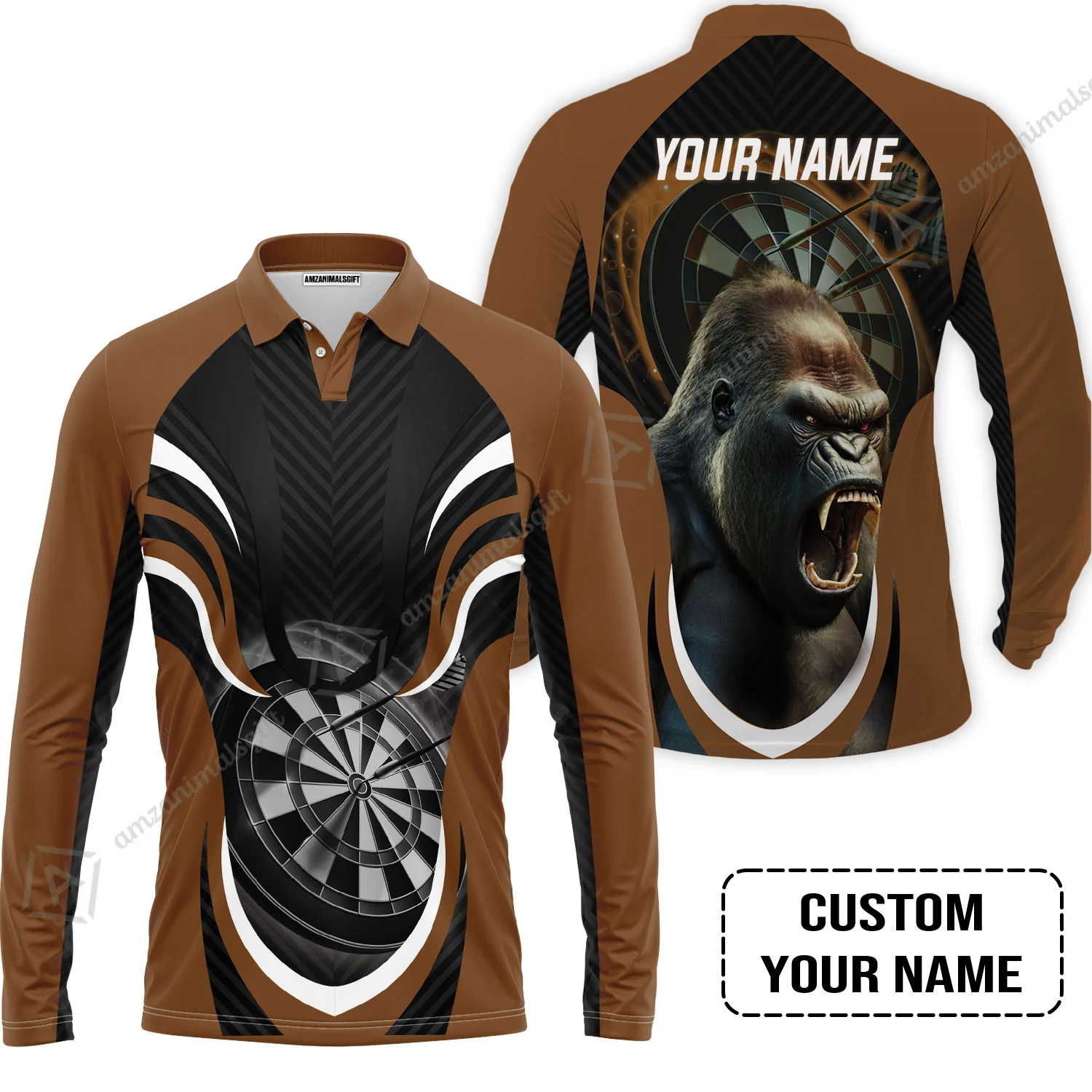 Gorilla And Darts Custom Name Men Polo Shirt, Bullseye Dartboard Brown Personalized Men Polo Shirt - Image 3